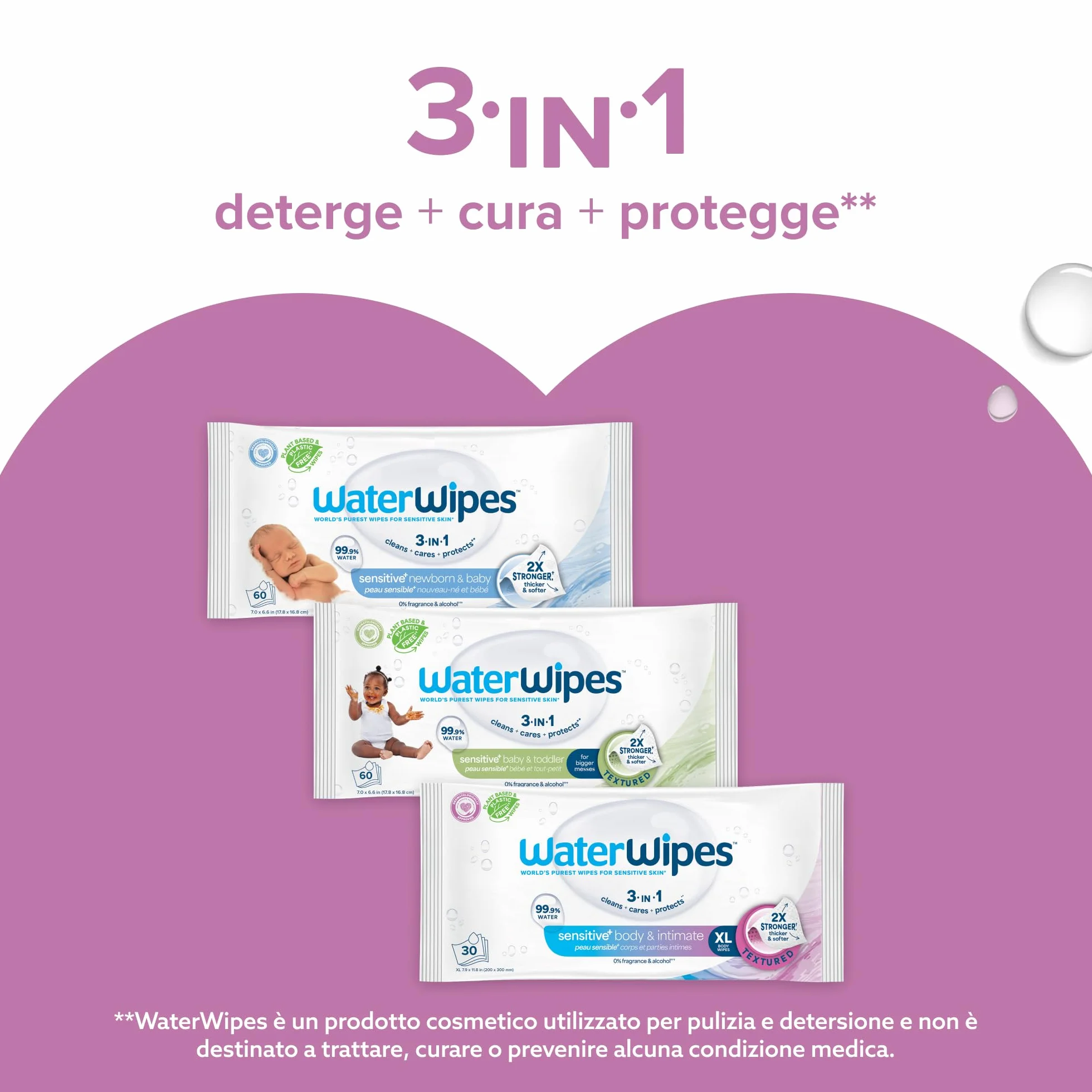 WaterWipes Sensitive+ Body & Intimate Wipes, 90 Pezzi (3 Confezioni), 99,9% Acqua, Senza Profumo