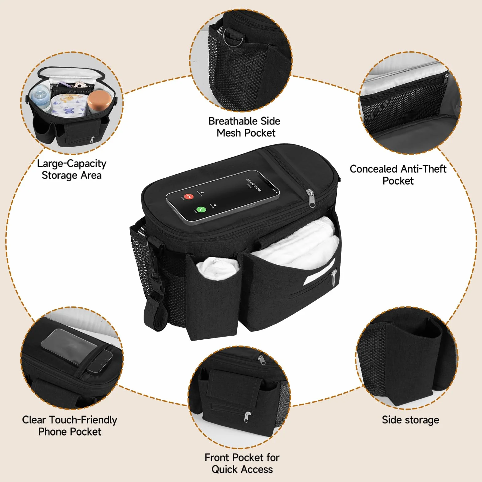 HOTUT Borsa Passeggino Organizer con Tasca Telefono Touch Screen, Multifunzione Borsa Cambio Neonato Tracolla Regolabile per Pannolini Salviette Biberon