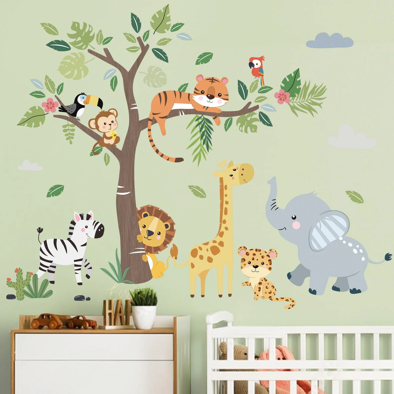 Decalmile Adesivi Murali Animali Giungla Safari Elefante Giraffa Leone Decorazione Murale Bambini