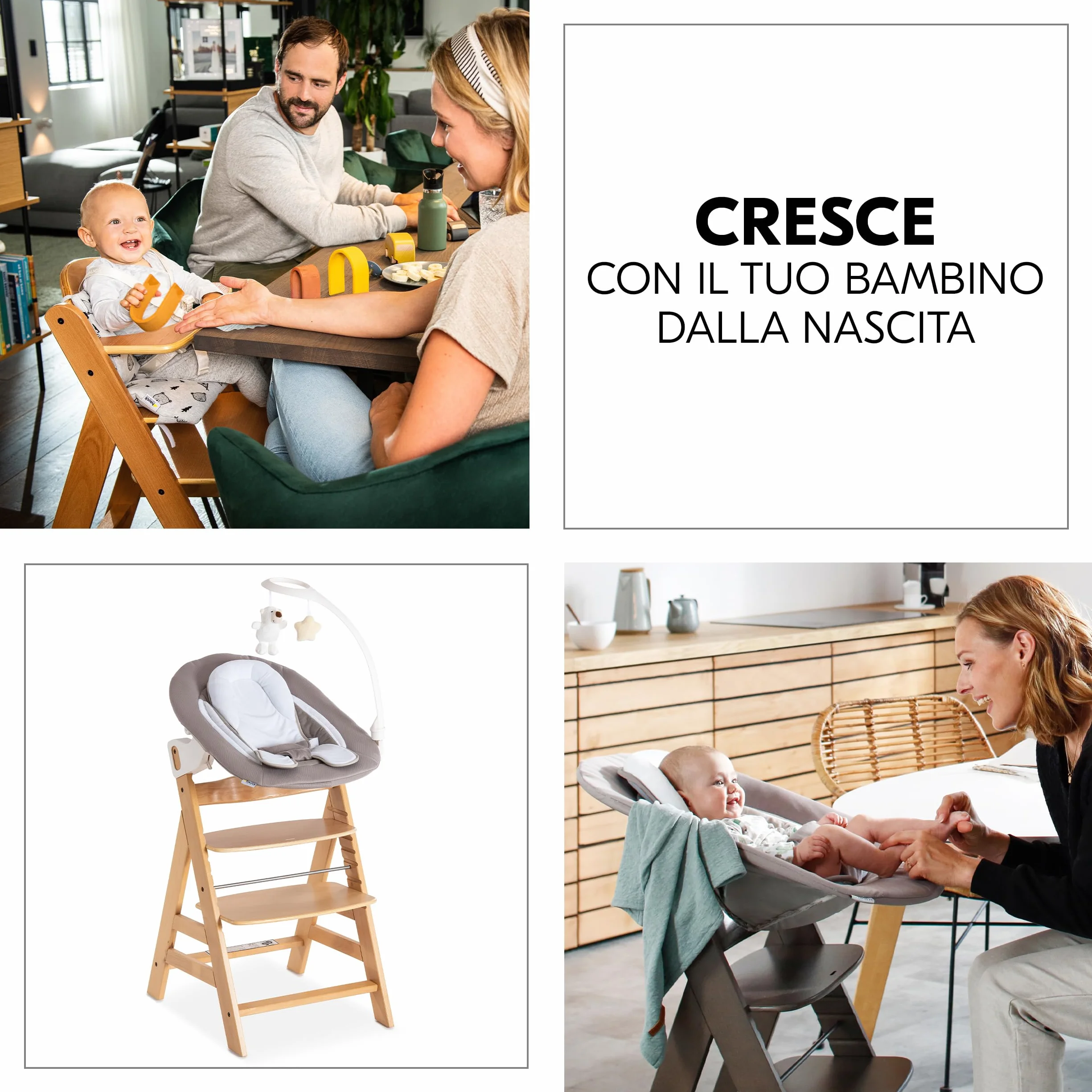Hauck Alpha Plus Newborn Set Deluxe Seggiolone Evolutivo Legno Naturale con Sdraietta Dondolo e Cuscino