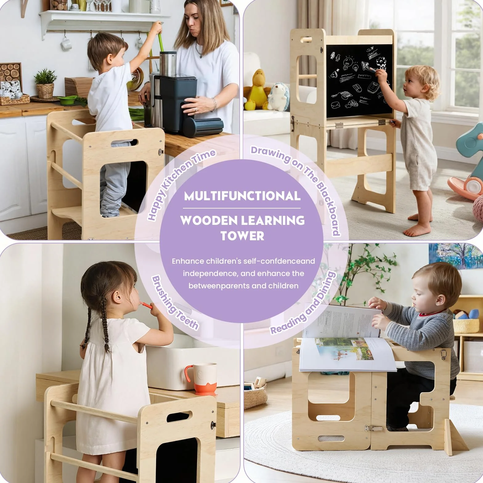 Labebe 4 in 1 Pieghevole Torre di Apprendimento Montessori per Bambini con Lavagna Nera Legno Anti-Ribaltamento 18 Mesi