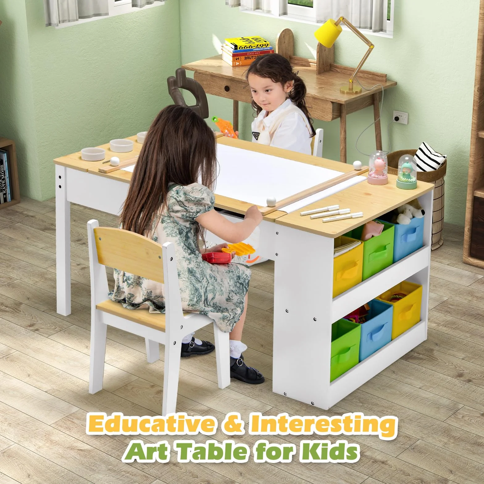 RELAX4LIFE Tavolo D'arte per Bambini in Legno con 2 Sedie, Piano Sollevabile, 6 Cassetti e 4 Tazze (NATURALE)