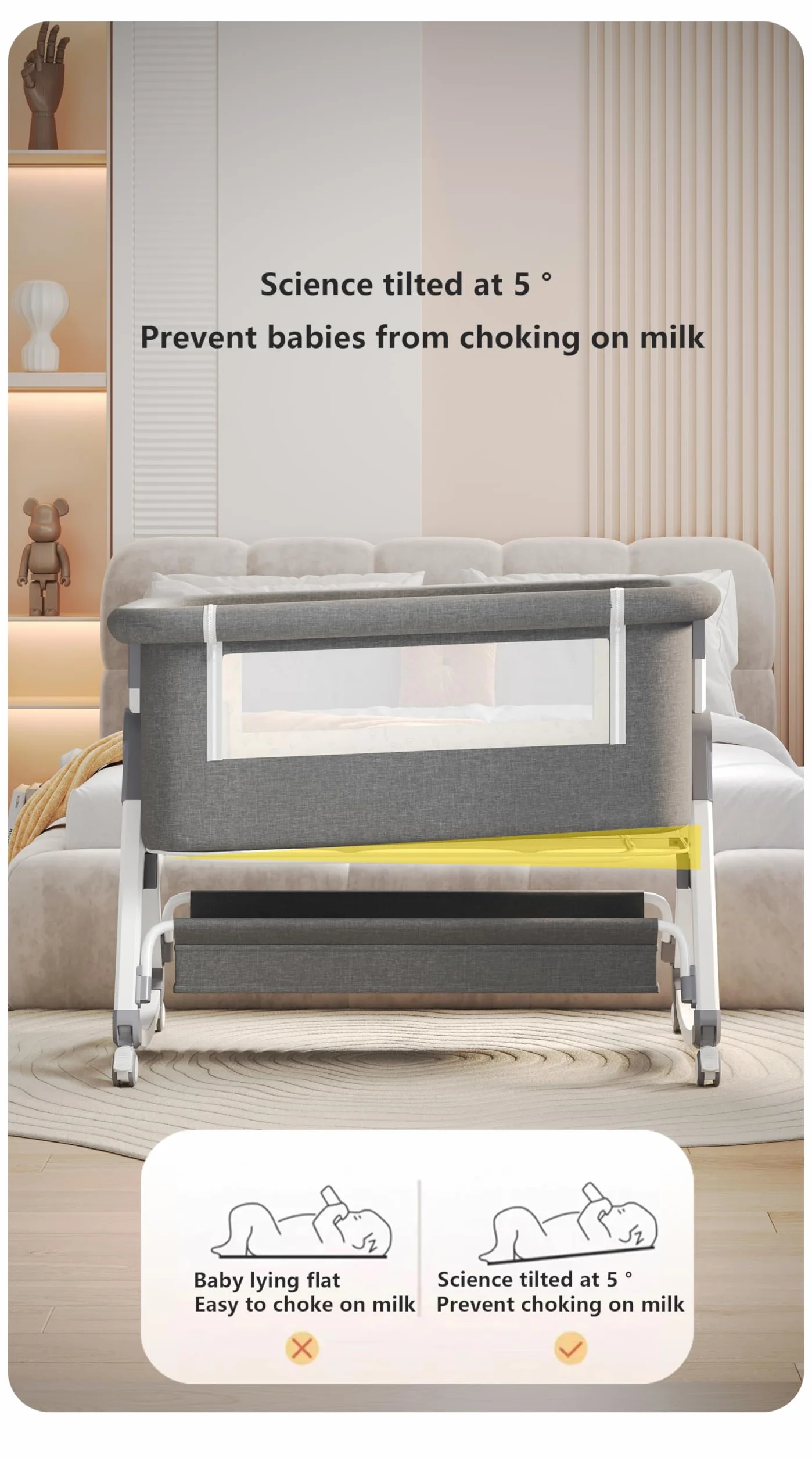 GLOKID 3-in-1 Culla Neonato con Materasso, Culla Next to Me, Crib da Campeggio, Regolazione a Sei Velocità, Altezza Regolabile, Inclinabile (Grigio)