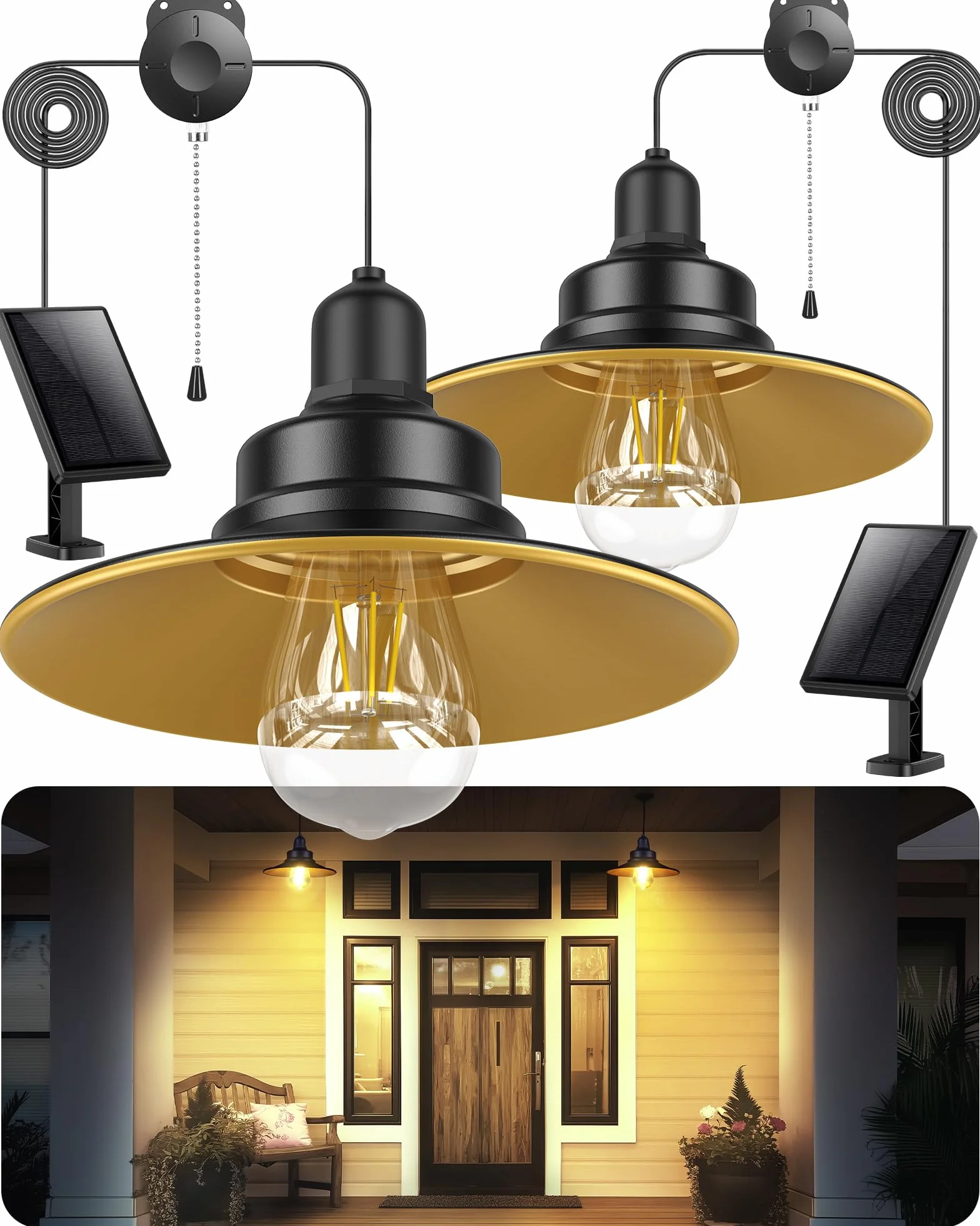 Lampada Solare Universale per Interni ed Esterni, Semplice Interruttore a Catenella, Lampadario Solare Impermeabile IP65, Adatta per Balcone, Gazebo, Garage - 2 Pezzi