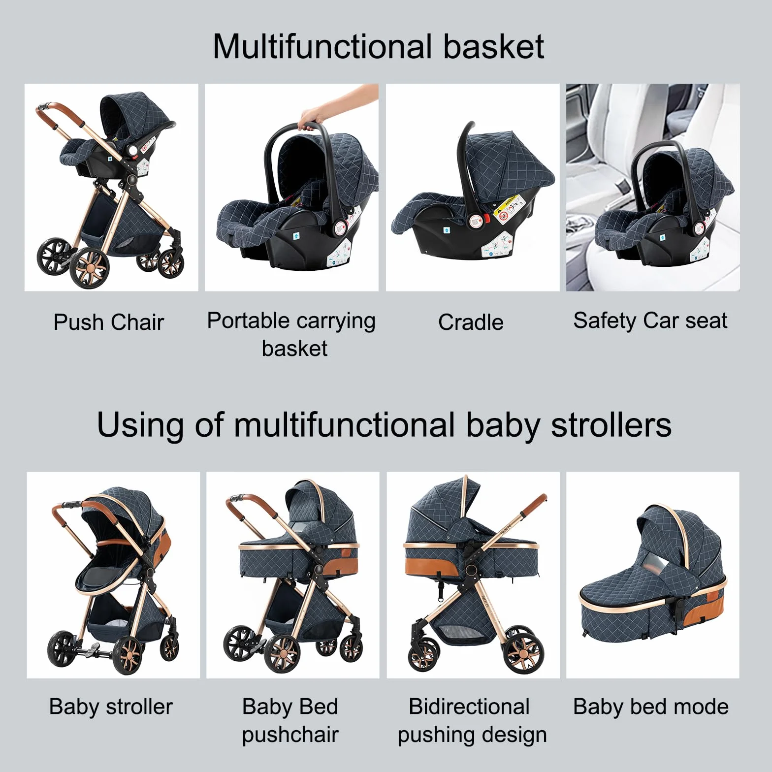 Passeggino 3 in 1 Trio Neonati Carrozzina Reversibile Spinta Bidirezionale Visione Aperta V9 Khaki