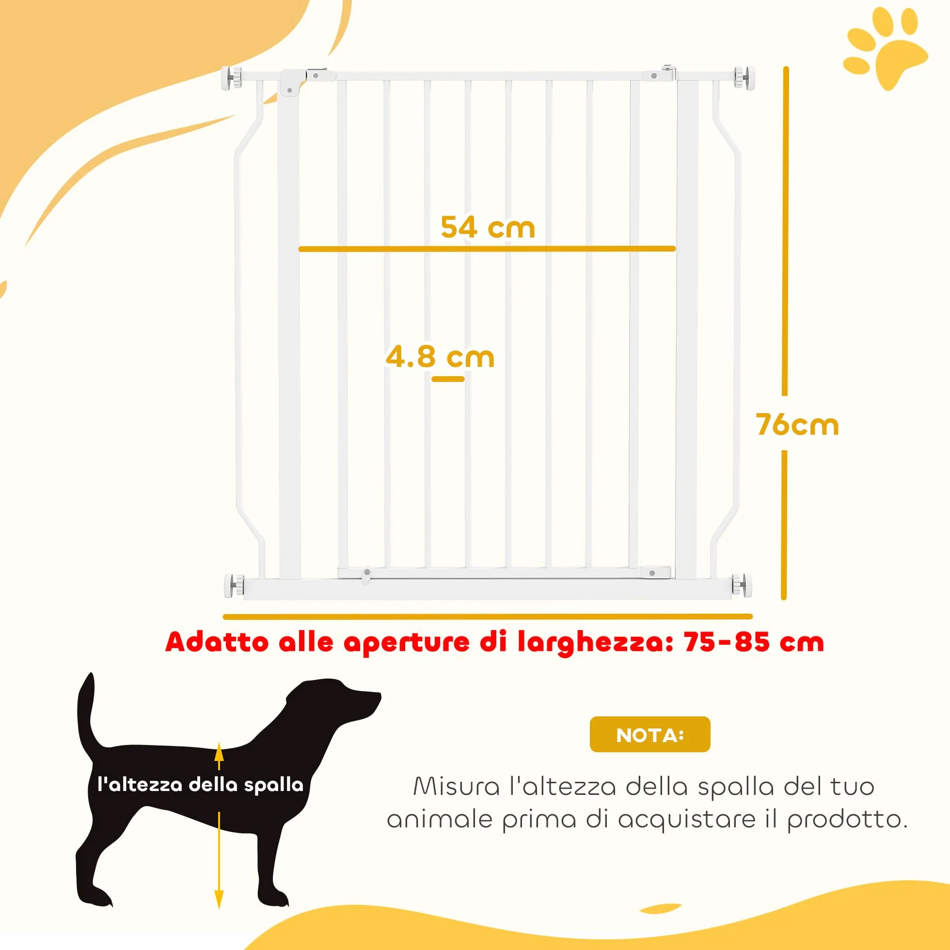 PawHut Cancelletto di Sicurezza per Cani Estensibile 75-85 cm, Cancellino Alto 76 cm, Fissaggio a Pressione, Bianco