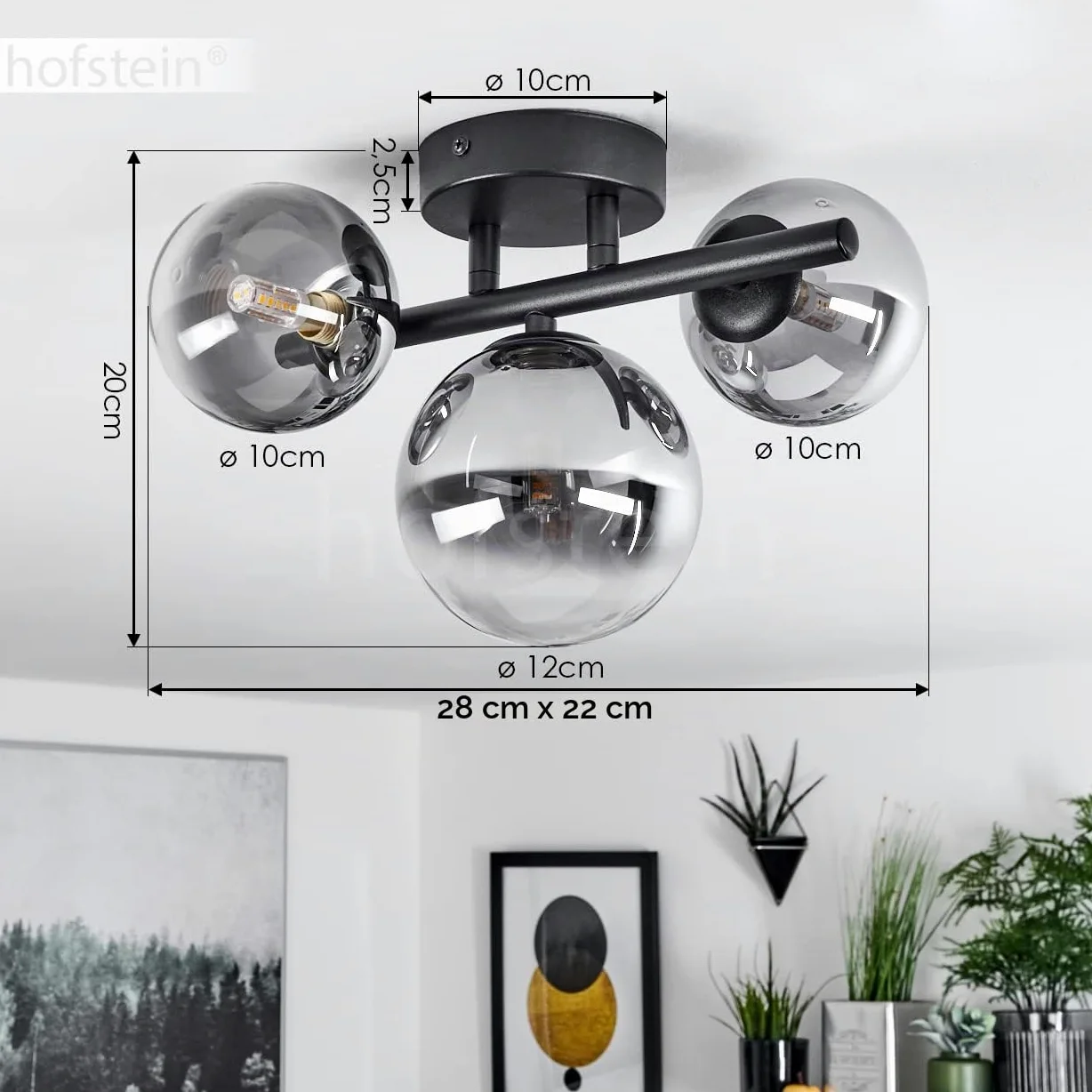 Lampada a soffitto Chehalis, lampada a soffitto moderna in metallo/vetro in colore nero/fumo, lampada dal design moderno con paralumi in vetro fumé, 3 luci, 3 x G9, senza lampadina/e