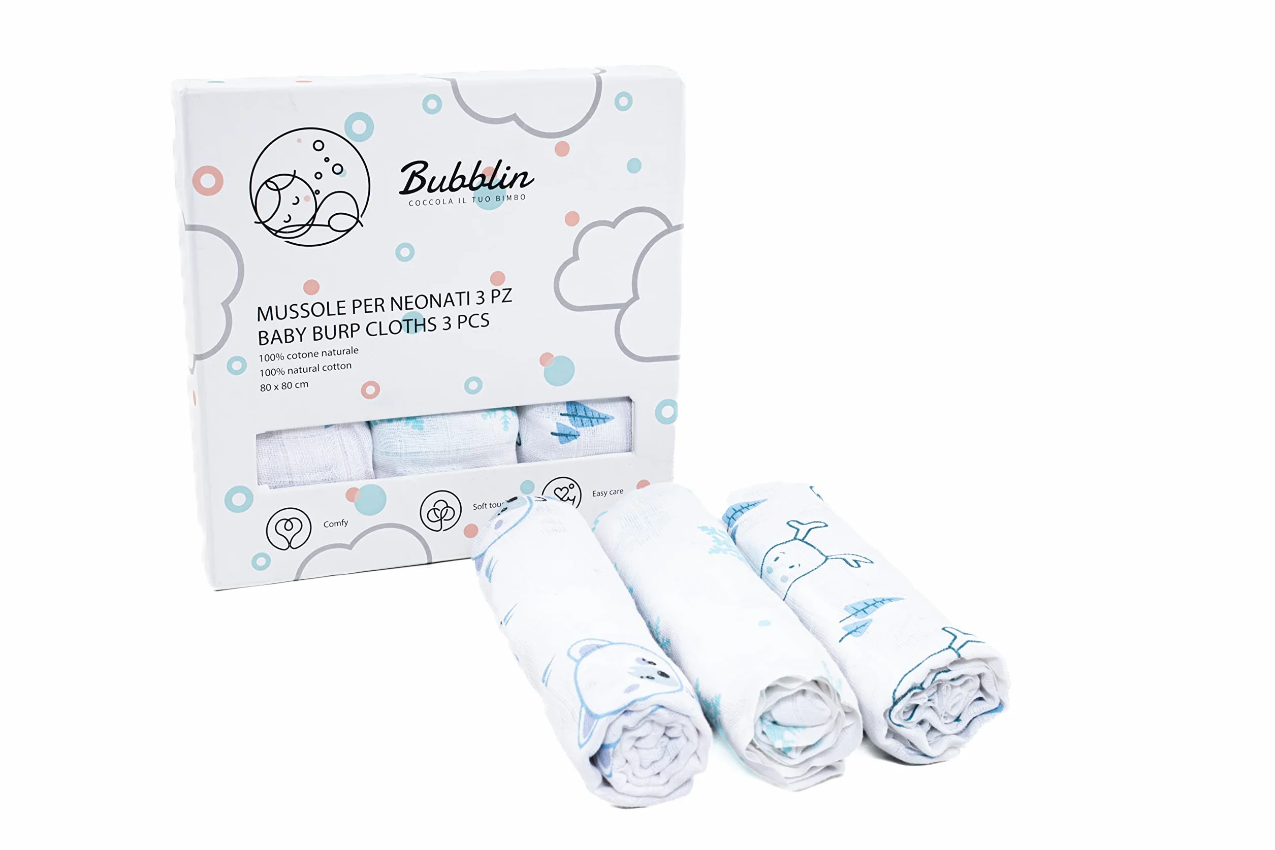 Set di 3 Mussole Neonato 80x80 cm 100% Cotone Naturale Certificato OEKO-TEX Copertina Neonato