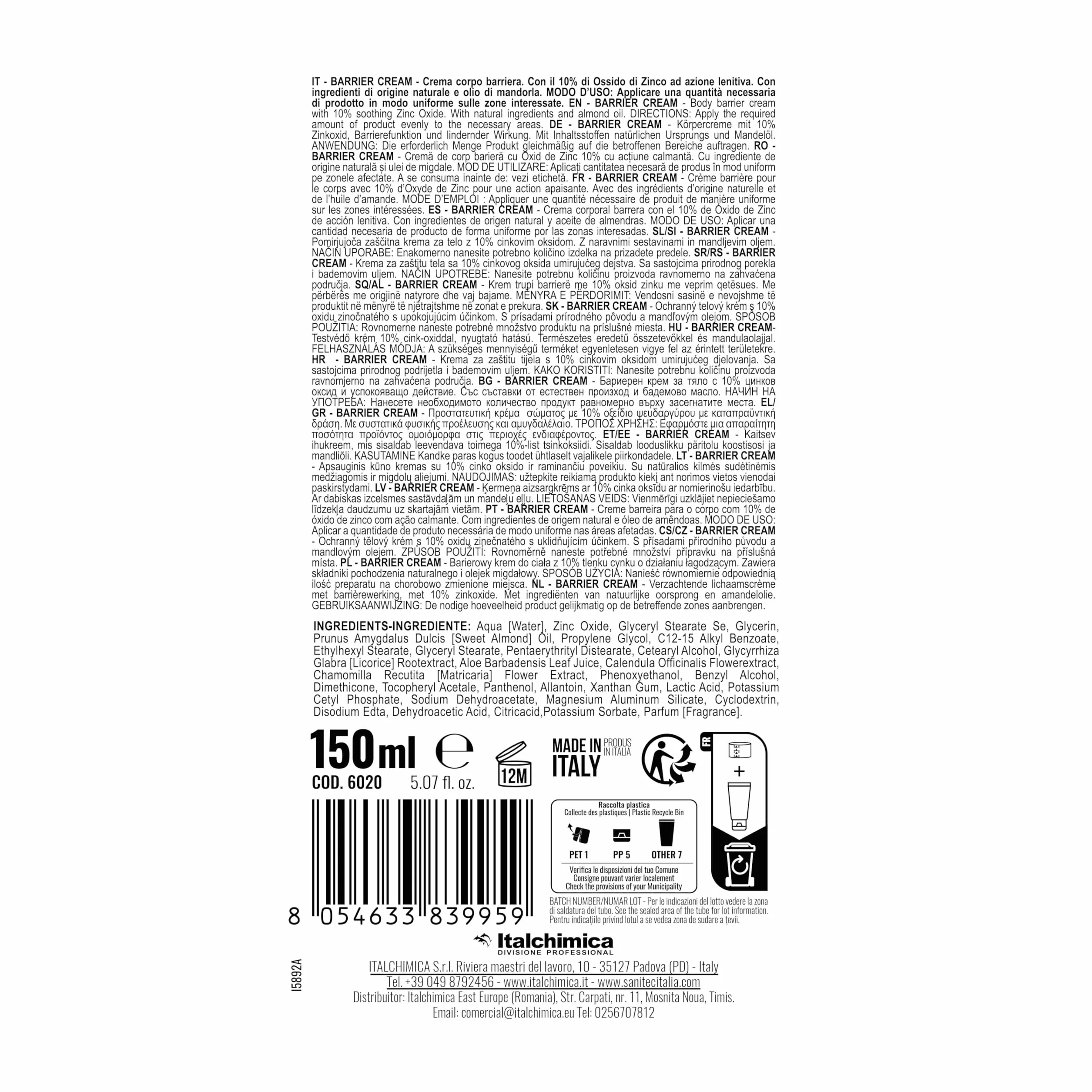 Sanitec BARRIER CREAM Crema Corpo Idratante Ossido di Zinco 10% Azione Lenitiva Olio di Mandorla 150 ml