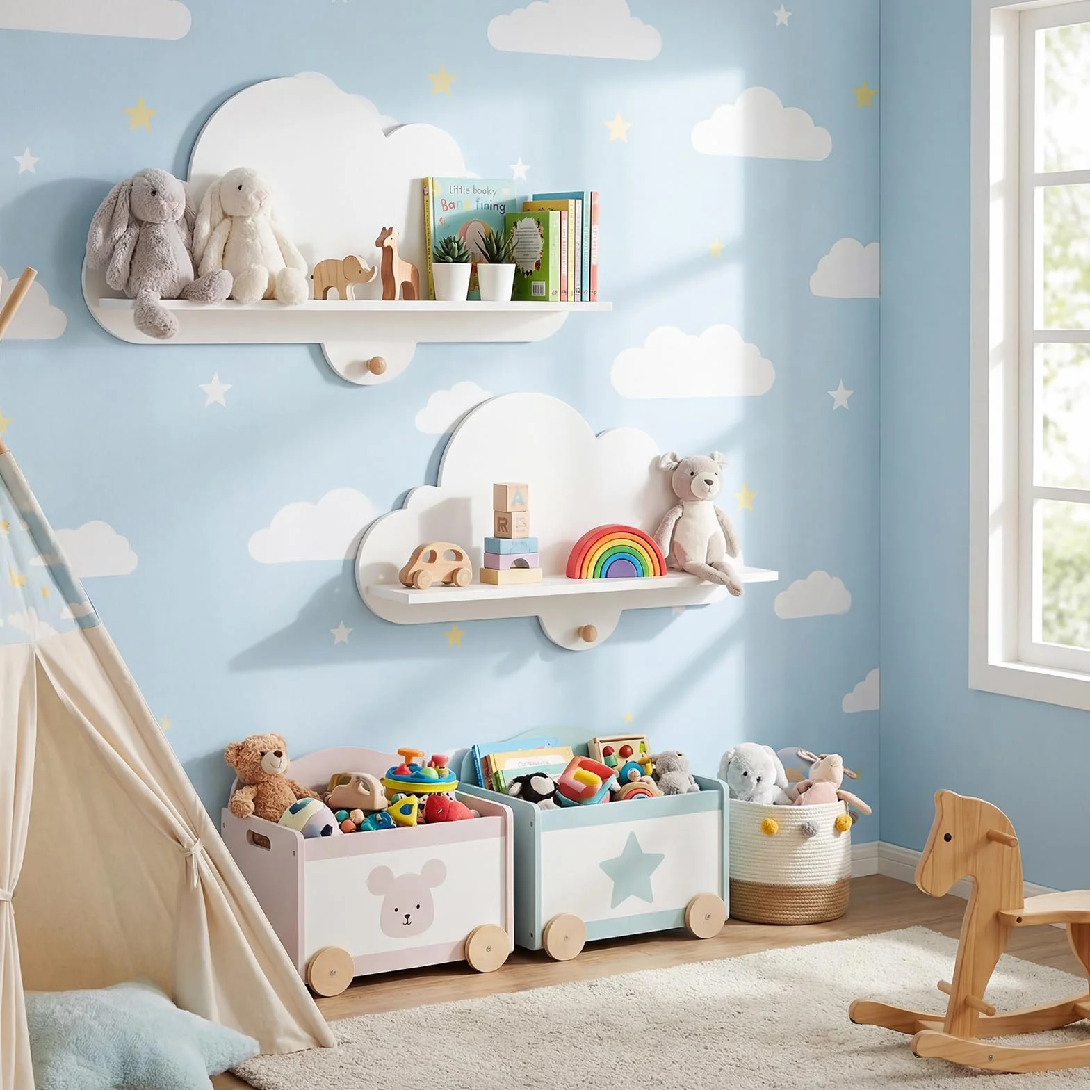 COSTWAY Set di 2 Mensole da Muro per Bambini, Libreria a Nuvole in Legno Massello con Ganci, Bianco
