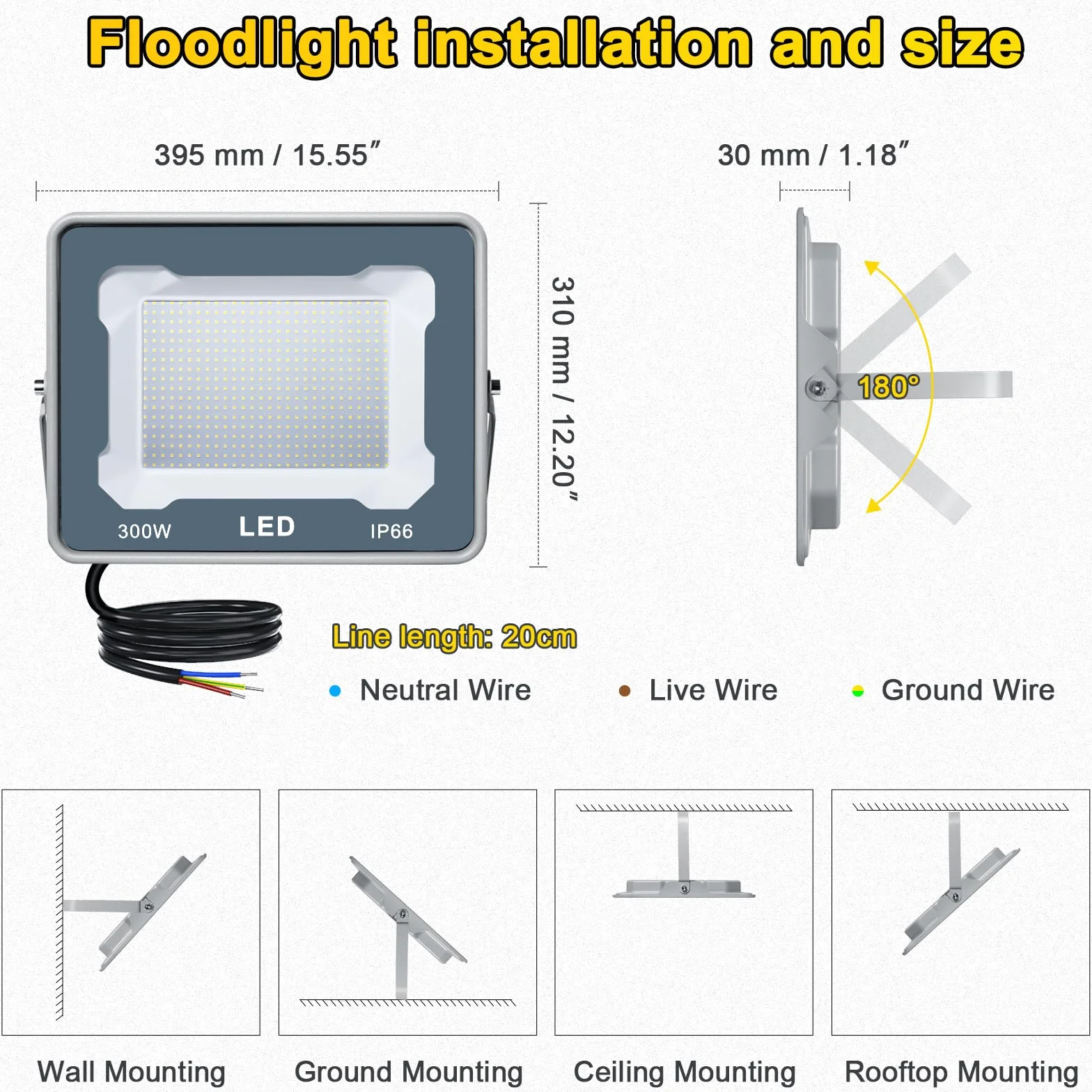 CREATESTAR Faretto Led da Esterno 300W, Faretti Led Esterni 6500K 30000LM luce bianca fredda, IP66 Impermeabile Faro Esterno per sportivo magazzino garage giardino parcheggio campo cortile 1 Pezzi