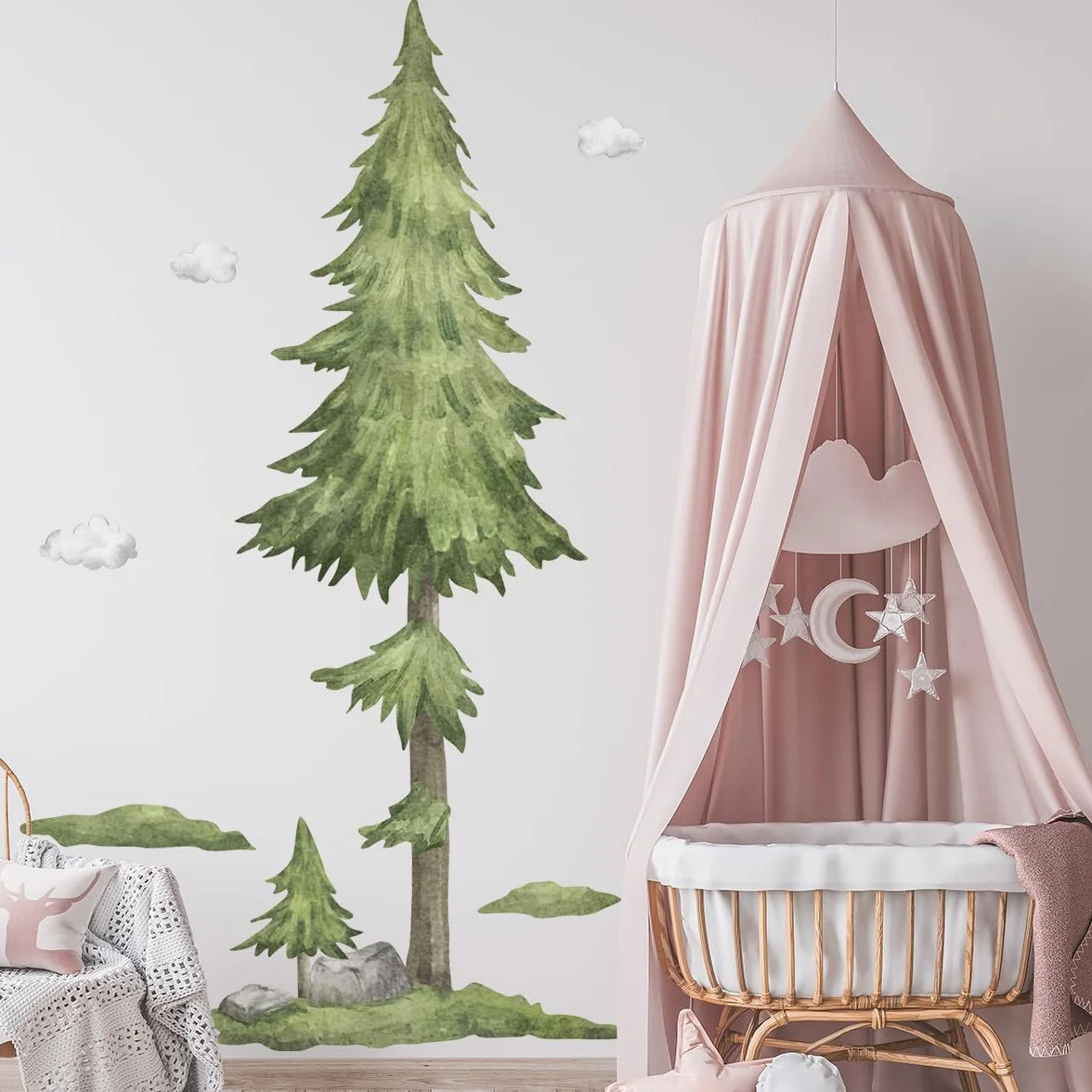 Giganti Adesivi murali bambini ALBERO acquerello 135x215 cm Murales adesivi da parete grandi albero pino foresta Decorazioni parete cameretta camera da letto bambini XXL