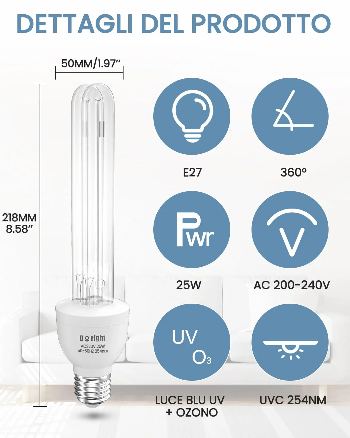 DoRight 2 Pezzo Lampada UV Ozono E27 25W Lampada Germicida Raggi UVC 254nm con Tubo al Quarzo Brine Ozono Contro Batteri Virus e Acari AC220-240V per Case, Uffici, Ristoranti e Scuola