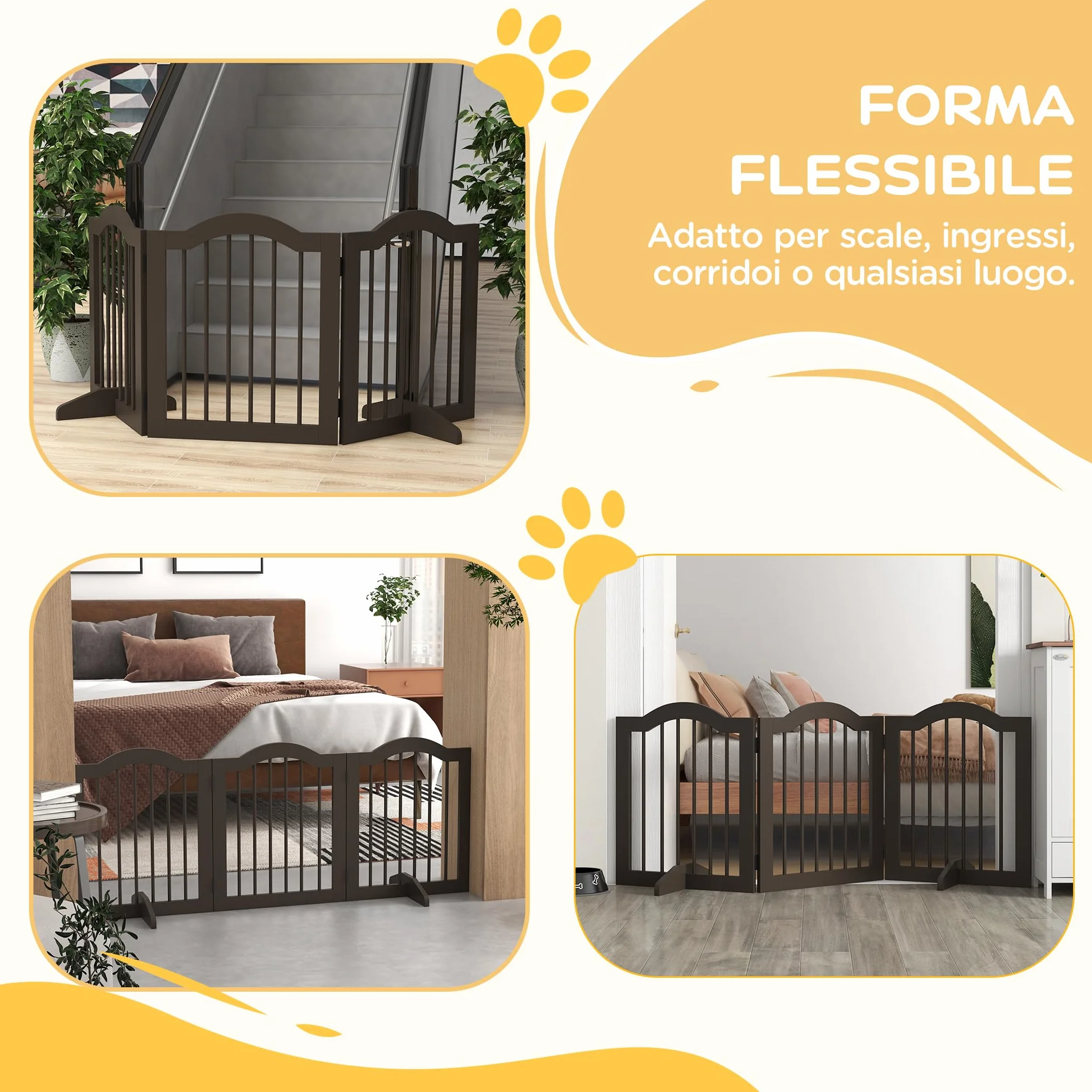 PawHut Cancellino per Cani Pieghevole a 3 Sezioni in Legno, Barriera per Cani, 154.5x29.5x61cm, Caffè