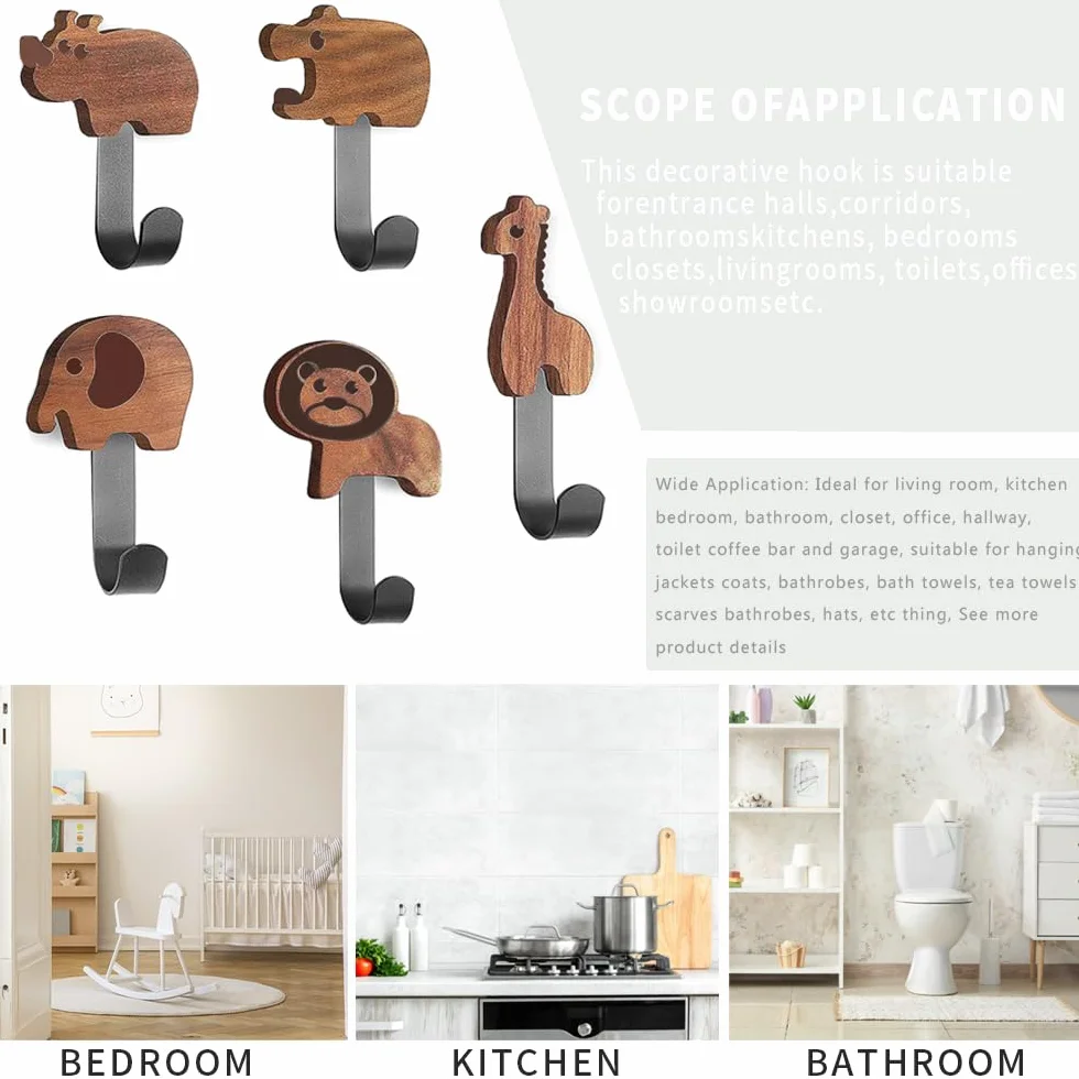 Ganci da Parete in Legno Autoadesivi per Bagno 5PCS Appendiabiti Bambini