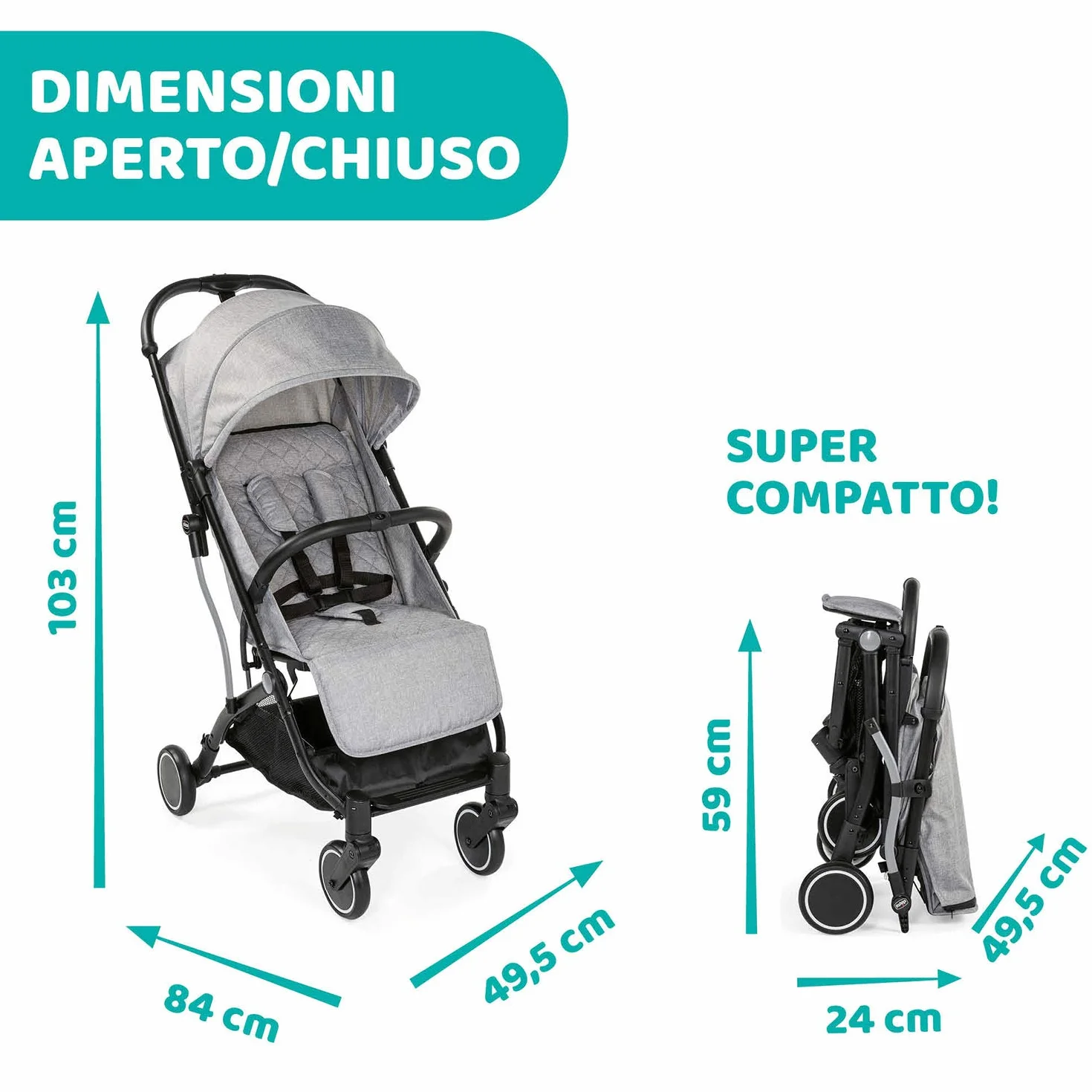 Chicco Trolley Me Passeggino Leggero Reclinabile Pieghevole 0-15 kg Chiusura Compatta Parapioggia Cappottina Estendibile Light Grey