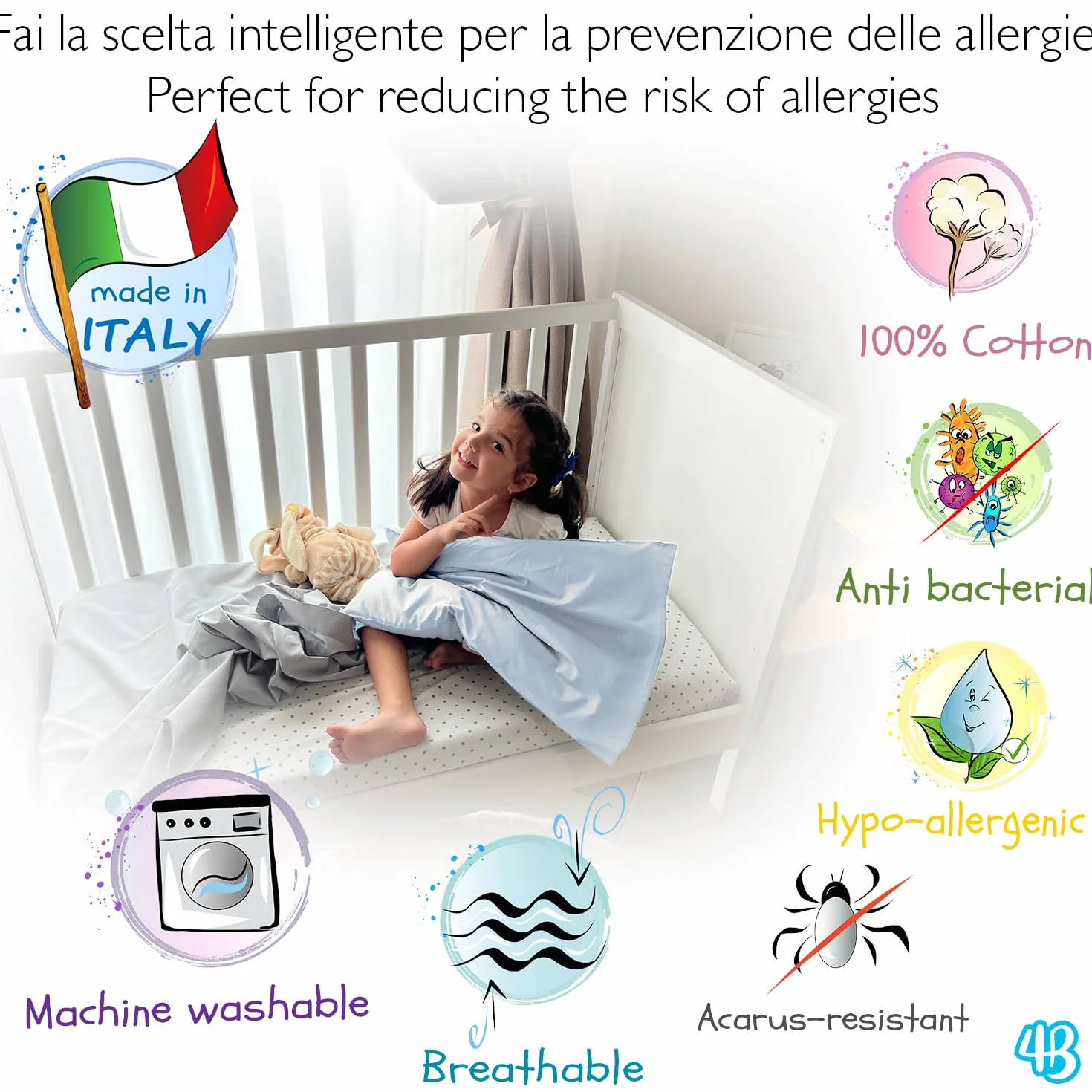 Federe Cuscino 40x60 Bambino Set 2 Puro Cotone Made in Italy OEKO-TEX Biancheria da letto Azzurro