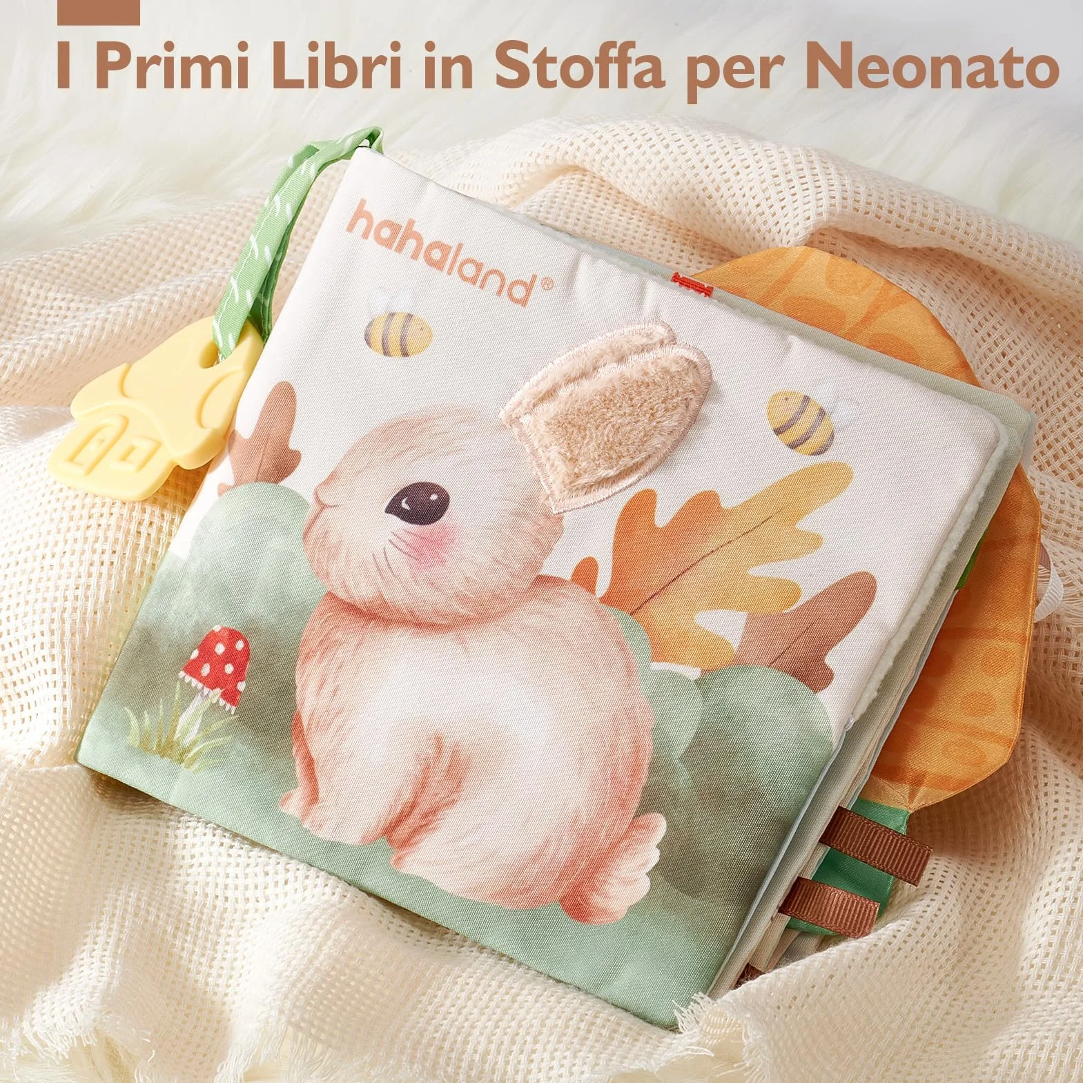 hahaland Libri di Stoffa Neonati 0-6 Mesi - Morbidi Animali Interattivi Libretto Tattile con Specchio - Giochi Sensoriali per Bimbo Bimba