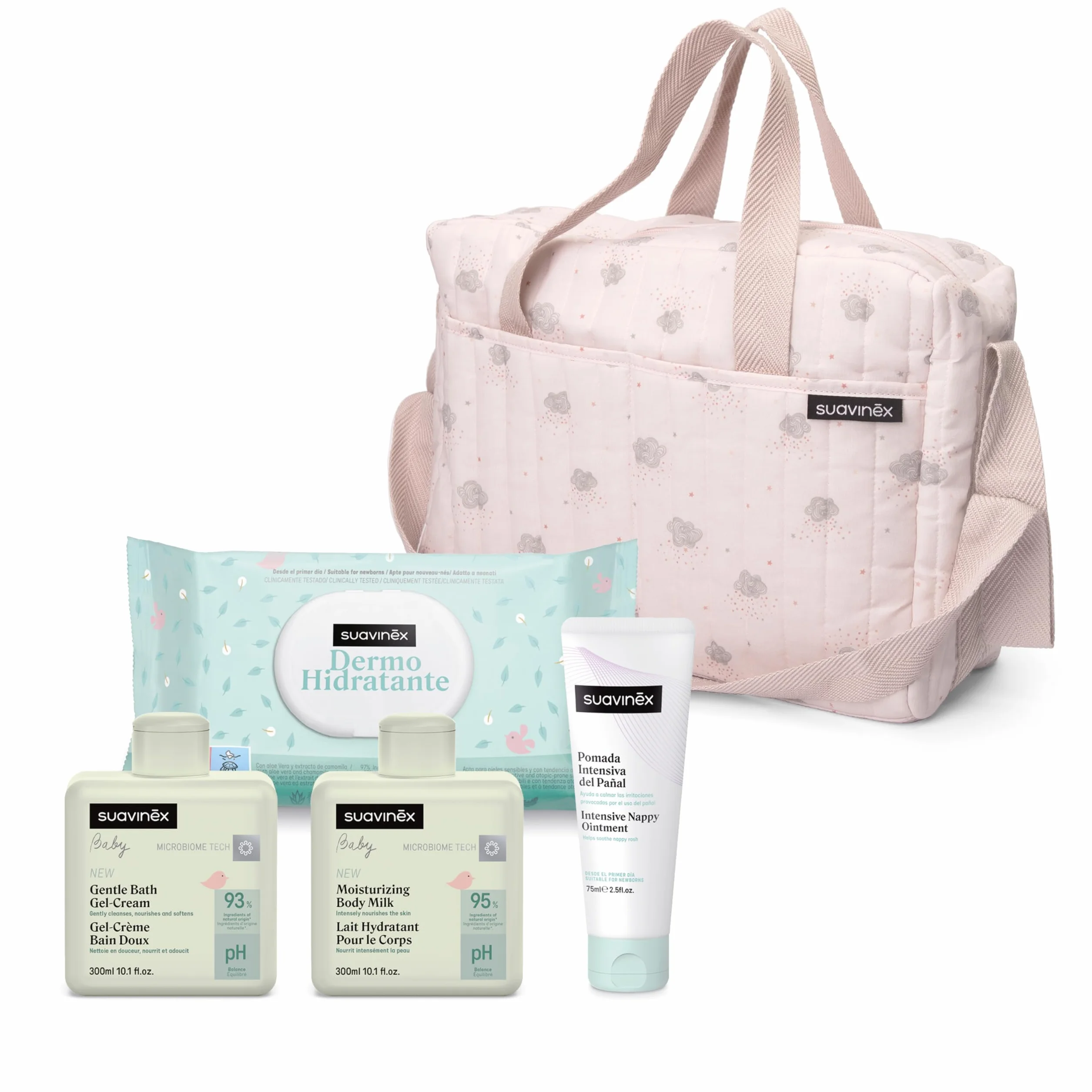 Suavinex Borsa cambio bambino con cosmetici Gel detergente delicato 300 ml Latte idratante 300 ml Crema cambio 75 ml Salviette 60 unità Regalo nascita rosa