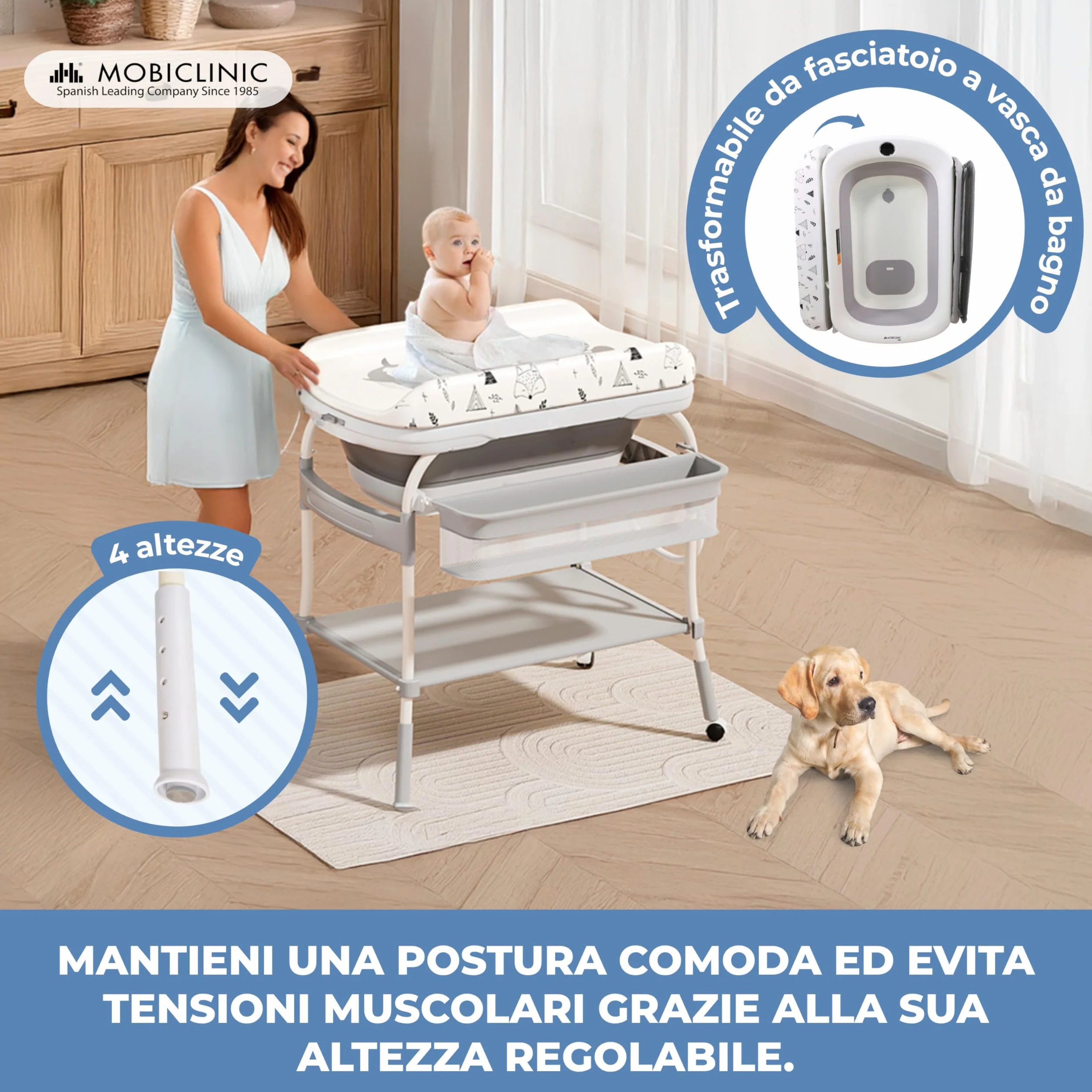Mobiclinic Fasciatoio con vaschetta bagnetto 2 in 1, Regolabile 4 altezze, Fino a 50 kg, 0-36 mesi