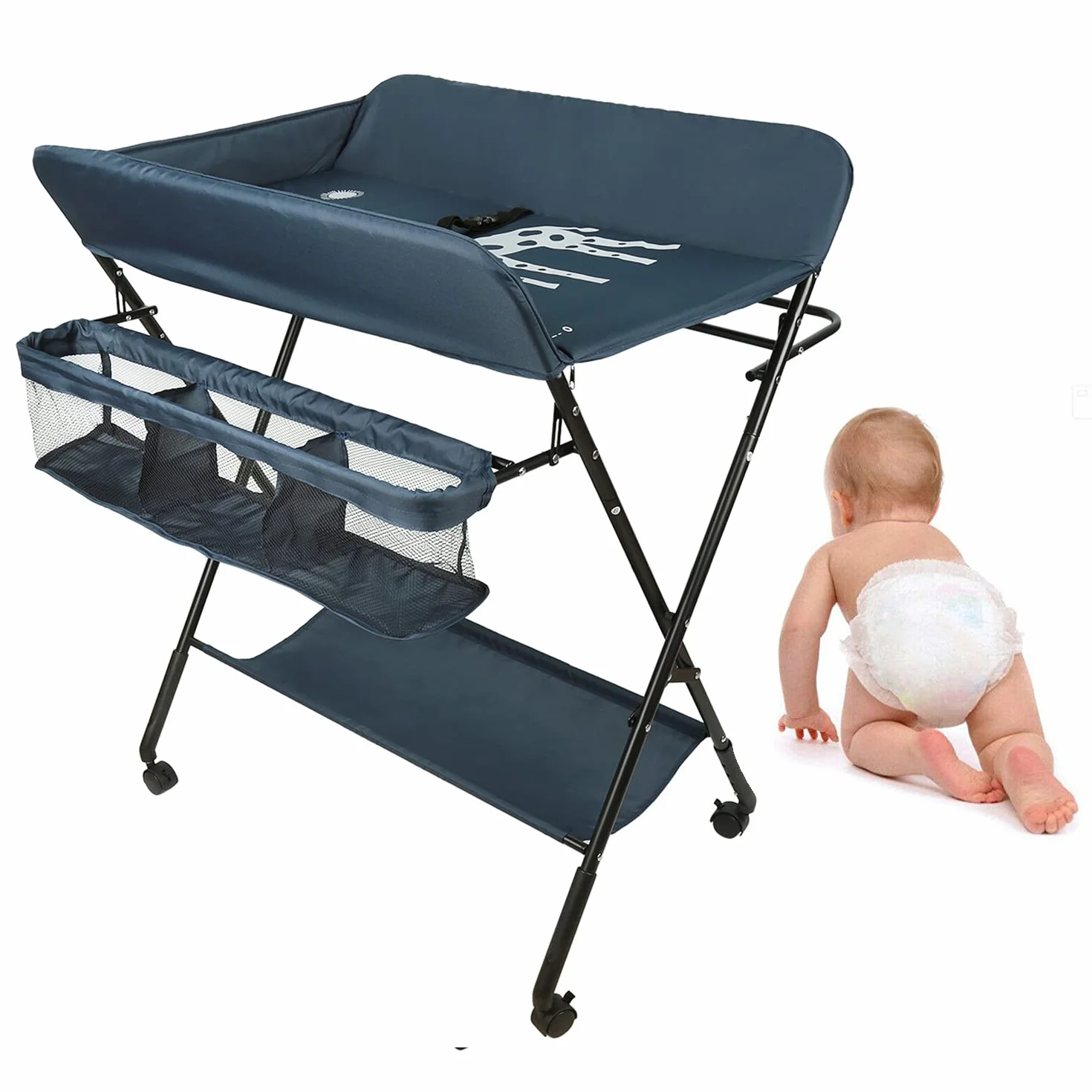 Fasciatoio Pieghevole con 4 Ruote Freno, Portatile Multifunzionale, 3 Regolabile in Altezza, Blu Navy