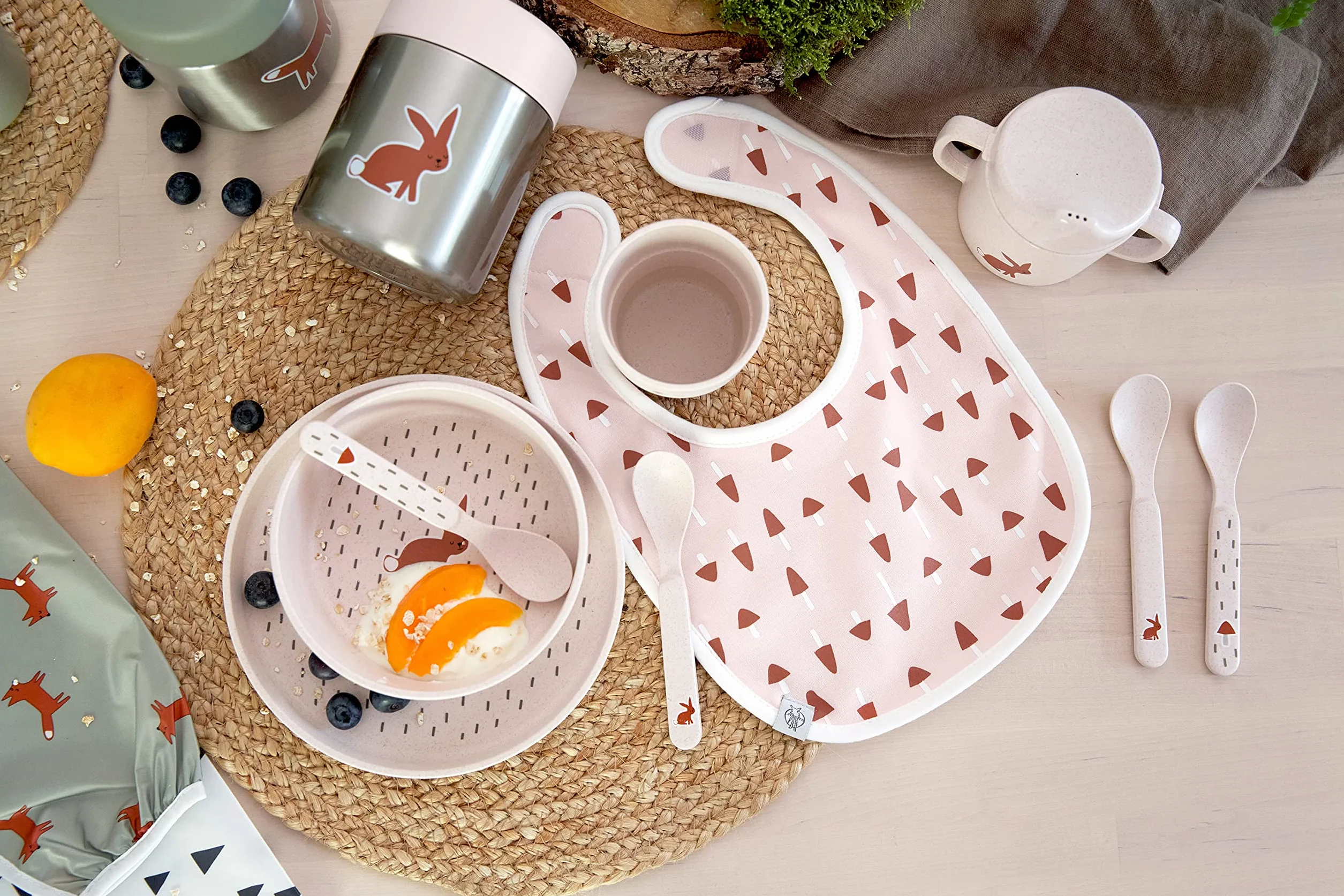 LÄSSIG Set bavaglini bambini 5 pezzi cotone impermeabile chiusura strappo Little Forest Rabbit