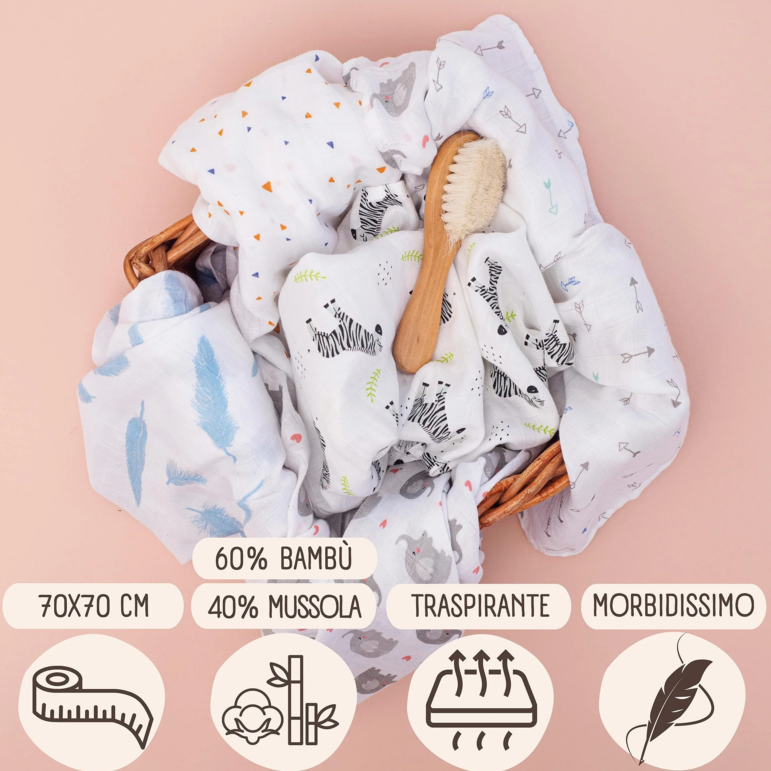 Mussola Neonato in Cotone 70x70 - 60% Fibra di Bambù 40% Cotone - Garze Morbide e Traspiranti per Neonati