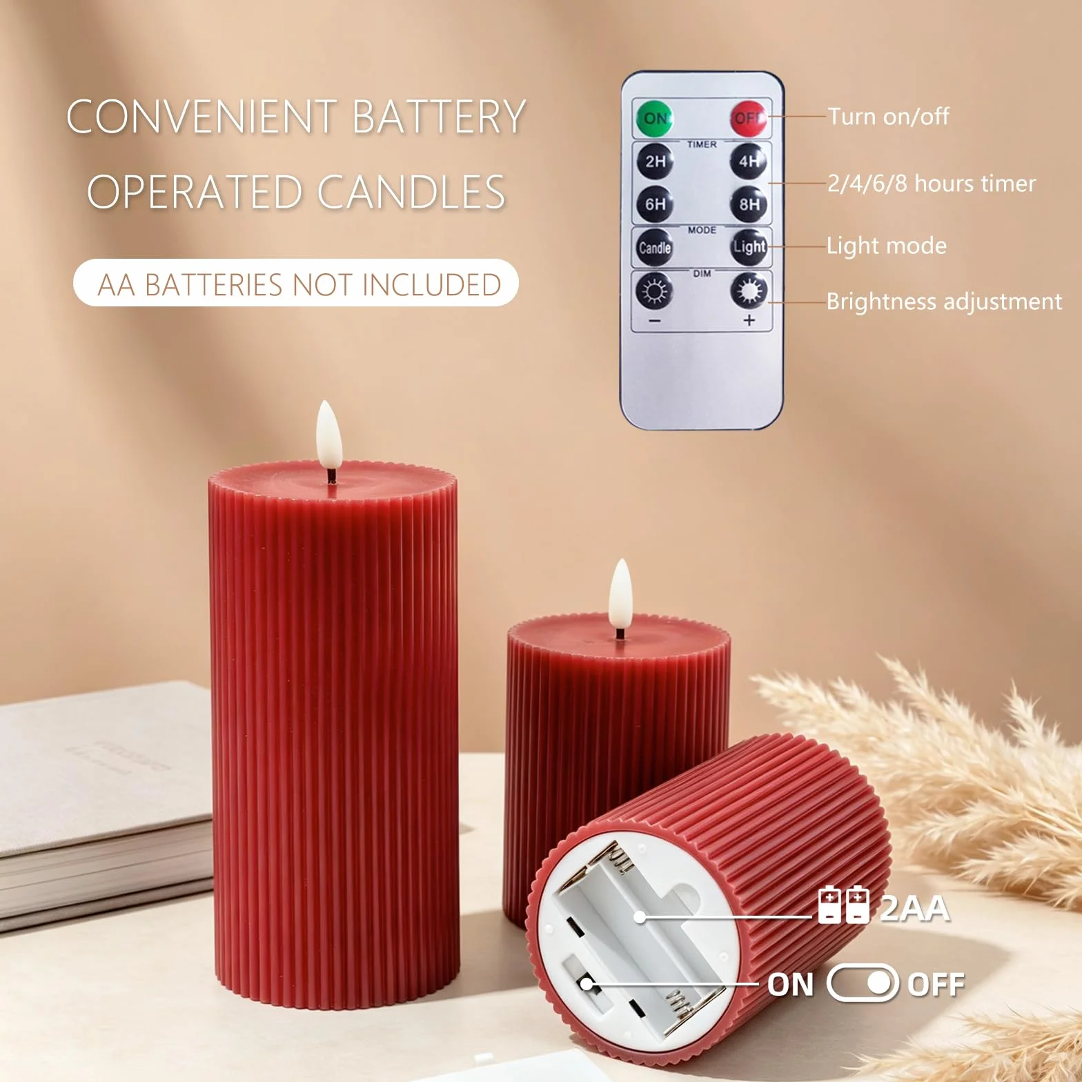 Set di 3 Candele LED, Candele Flickering Flameless, LED tea lights Tremolante con Telecomando e Funzione Timer, Finte a Batteria Stoppino di Candela 3D per Festa/Matrimonio/Hotel (Rosso)