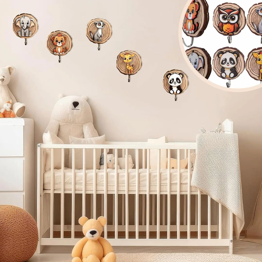 Appendiabiti per bambini a forma di animale, Ganci Autoadesivi in legno, 6 pezzi regalo camera