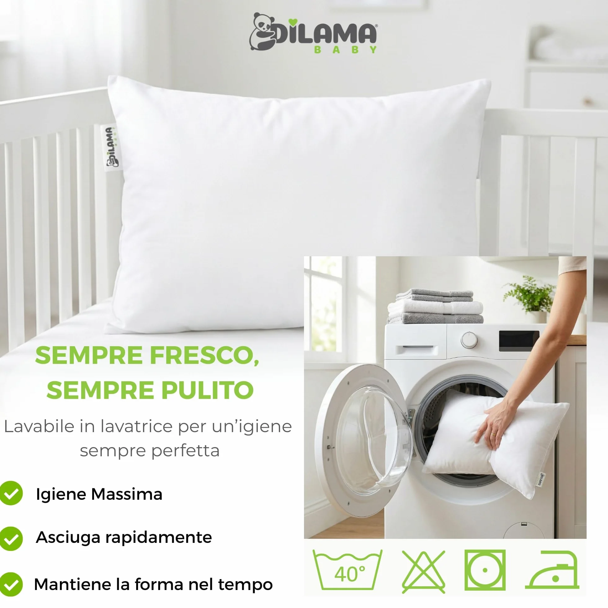 Dilamababy Cuscino Lettino Bambino 40x60 Regolabile in Altezza Anallergico Antiacaro Lavabile Federa Cotone Percalle Oeko Tex