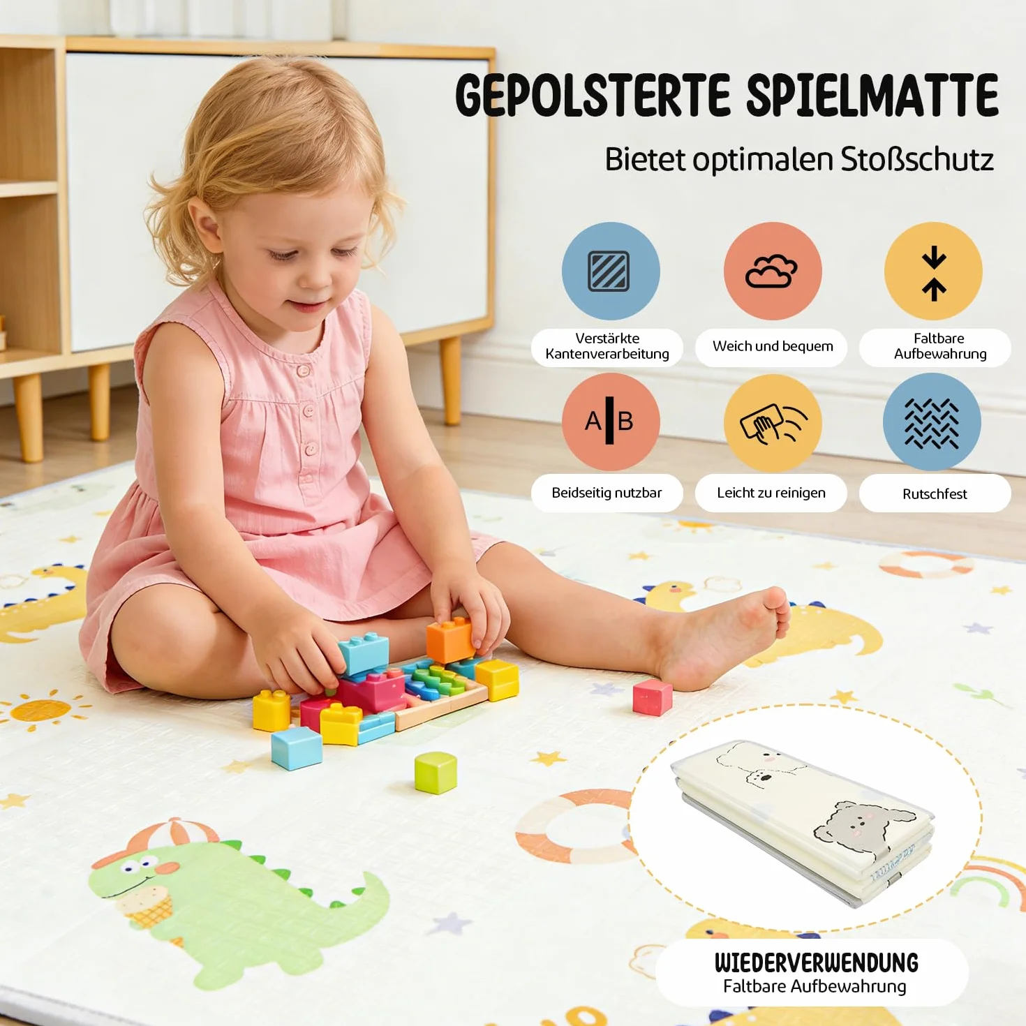 Box Bambini 120x120 con Tappeto, Panda Beige, Tessuto Oxford, Sicurezza Antiscivolo
