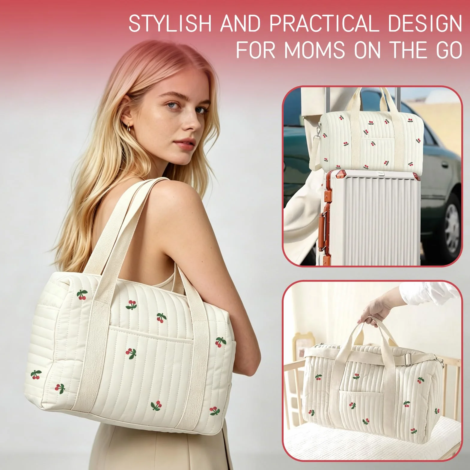 Borsa Parto Ospedale Cotone Trapuntato Ricamo Ciliegia Set 2 Pezzi Maternità Passeggino Viaggio Cambio Neonato Stile Coreano