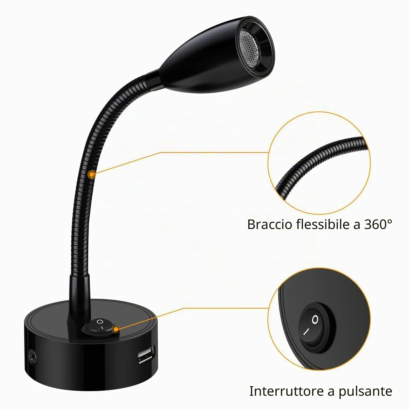 ERWEY 2er LED lampada da lettura 12V camper, lampada da parete 3W 3000K lampada da letto con collo d'oca flessibile e porta di ricarica USB per barca, auto, Van Caravan illuminazione interna, nero