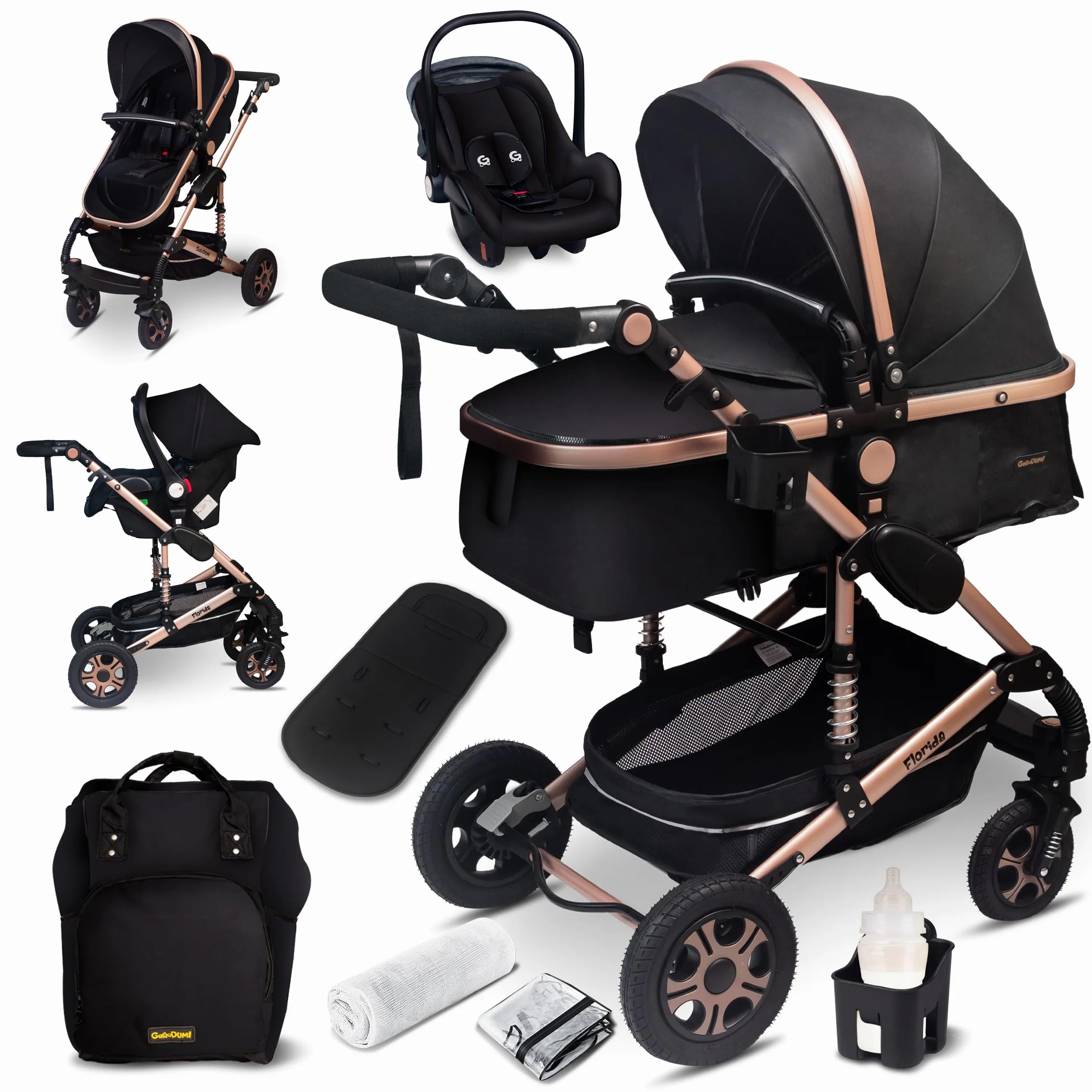 GaGaDumi Florida 3 in 1 Passeggino Trio, Carrozzina, Seggiolino Auto, Pieghevole, 0-36 mesi, Nero/Oro