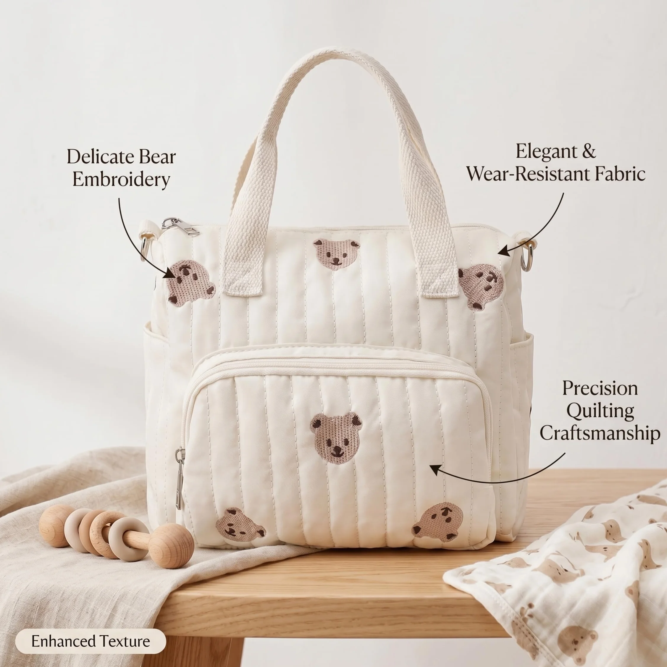 Borsa piccola per pannolini trapuntata con ricamo orso bianco 9,4x8,7x4,3 pollici