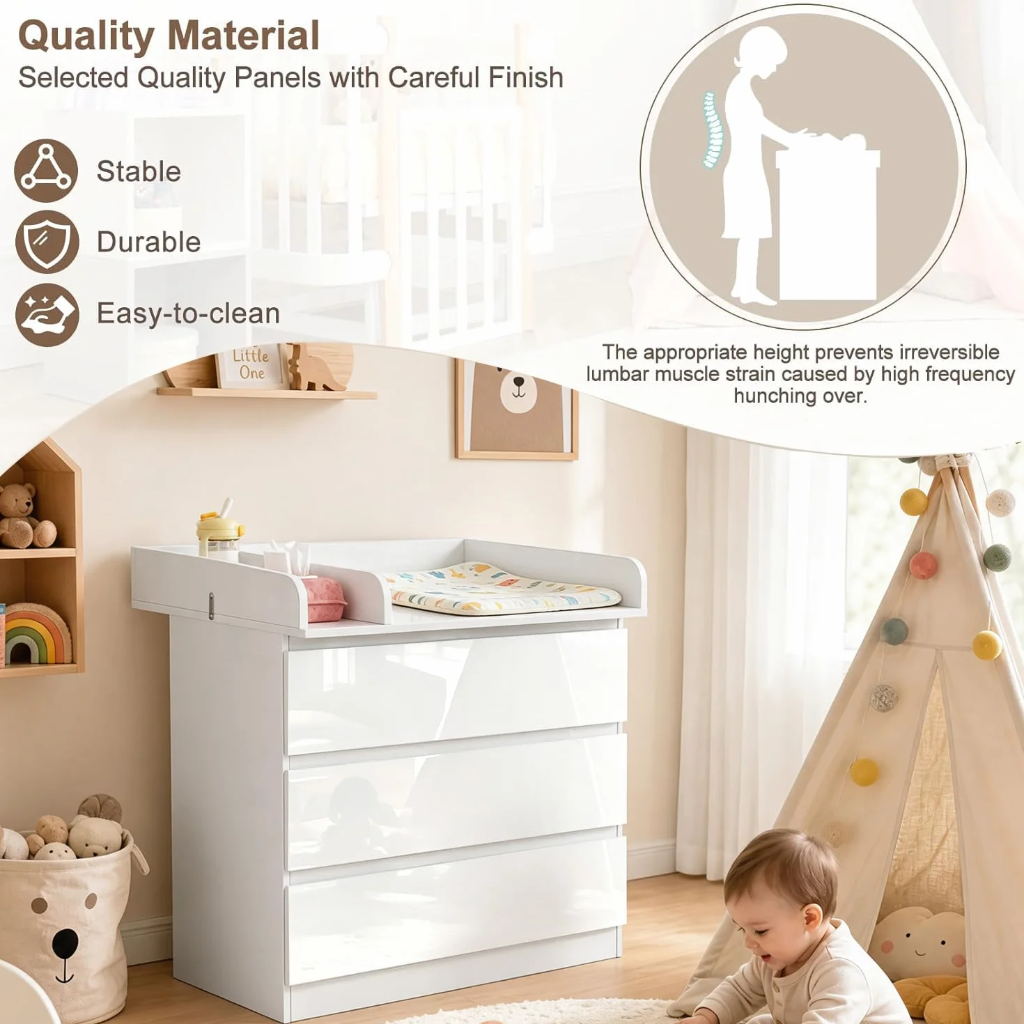 WOLTU Cassettiera con Fasciatoio per Bambini, 3 Cassetti, MDF, Truciolare e Metallo, Bianco + Bianco Lucido