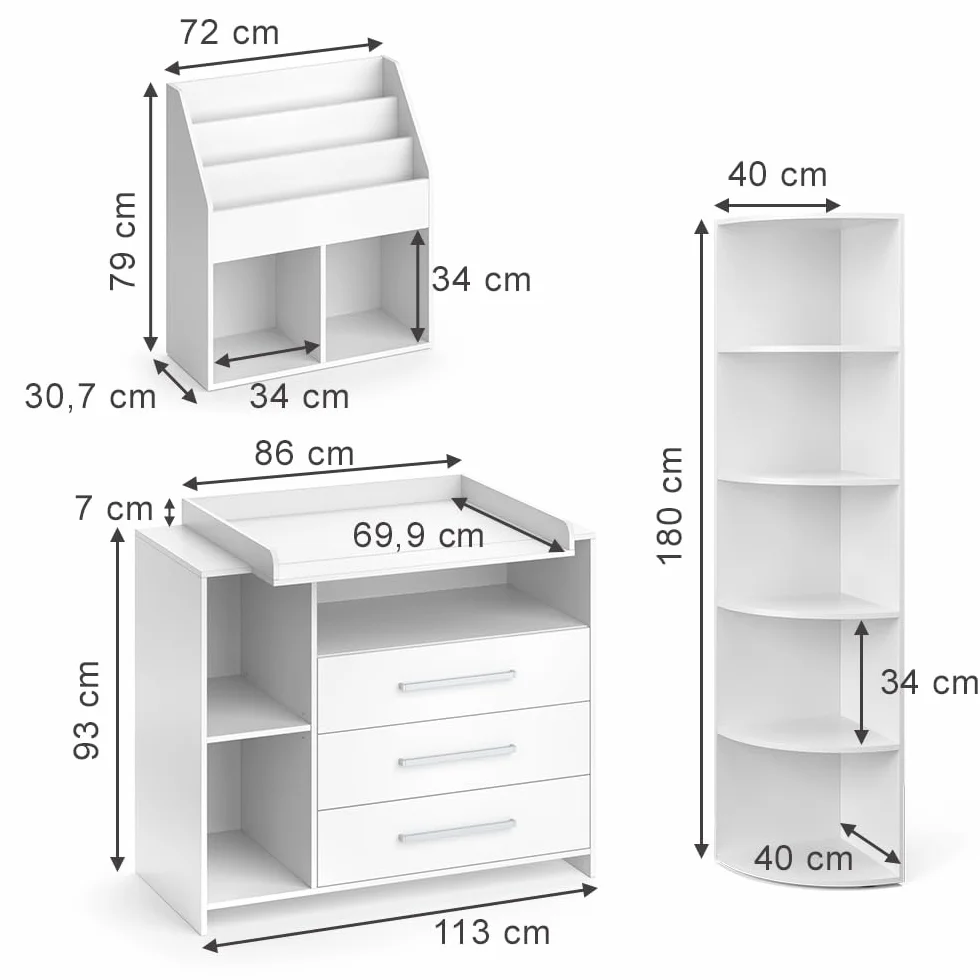 Vicco Set mobili bambini Oskar bianco 3 parti fasciatoio scaffale giocattoli libreria convertibile cassettiera