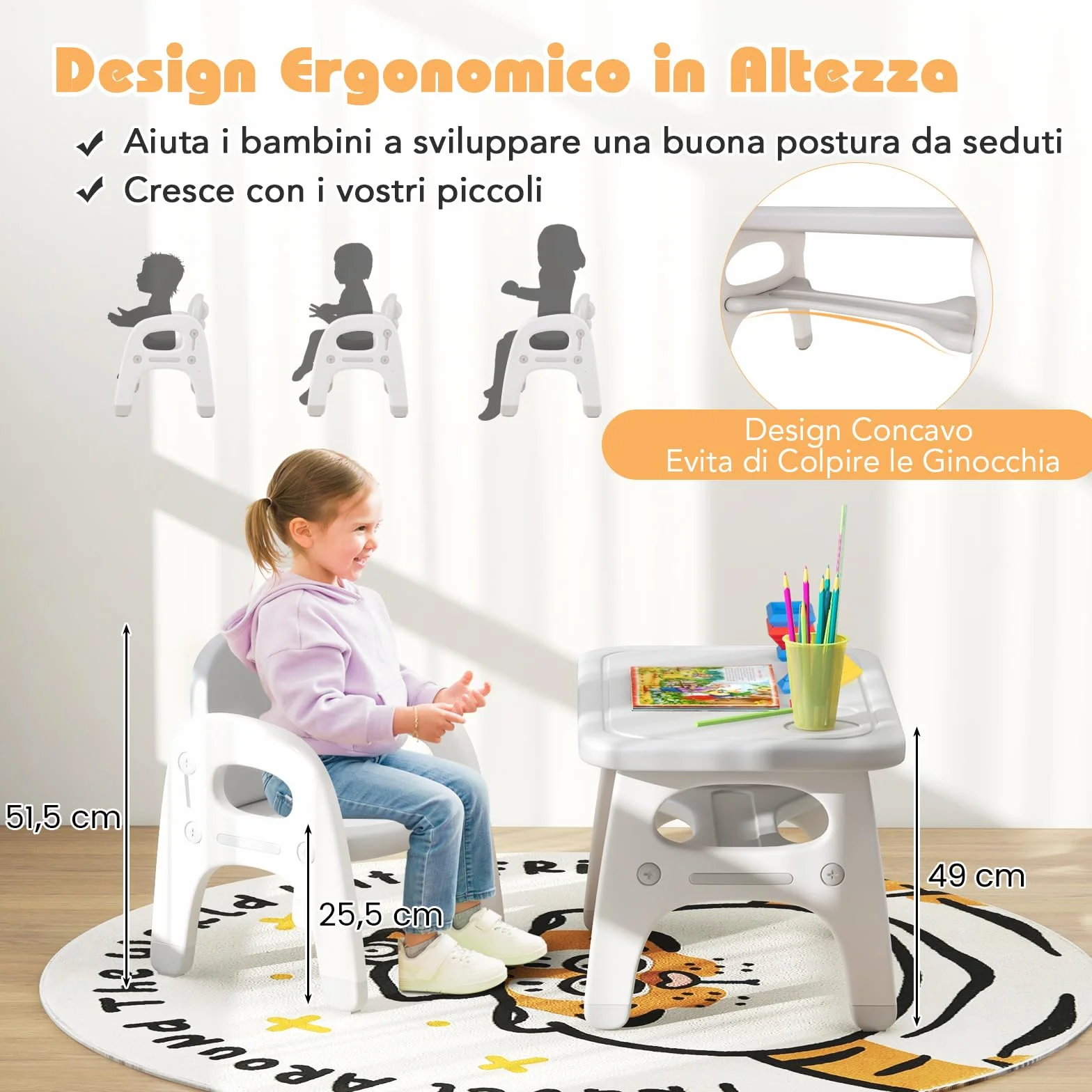 COSTWAY Tavolo e Sedia per Bambini Dinosauro Set Scrivania Attività Artistiche Studio 1-5 Anni Grigio