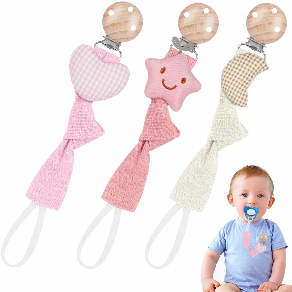 Vicloon Catenella Portaciuccio Neonato 3 Pezzi Cotone Legno di Faggio Rosa