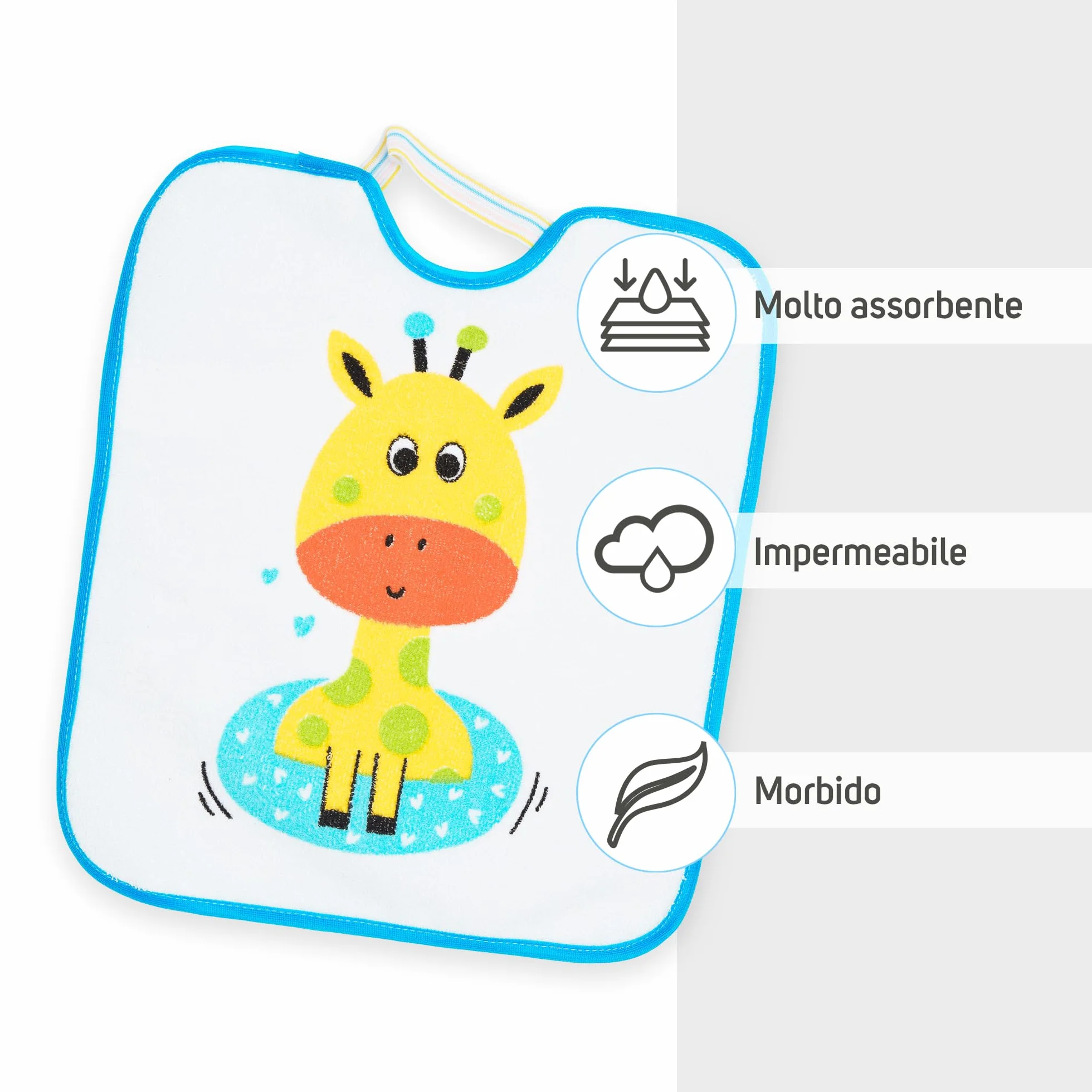Set di 4 Bavaglini Asilo con Elastico per Bambini Impermeabili Assorbenti 73% Cotone 27% Poliestere 32x28 cm
