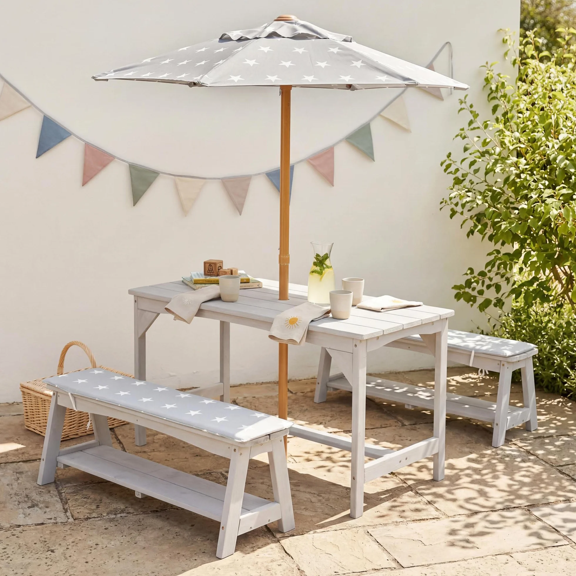 roba Set di Sedute per Bambini Picnic con Tavolo, 2 Panche, Ombrellone e Cuscini – Legno Grigio