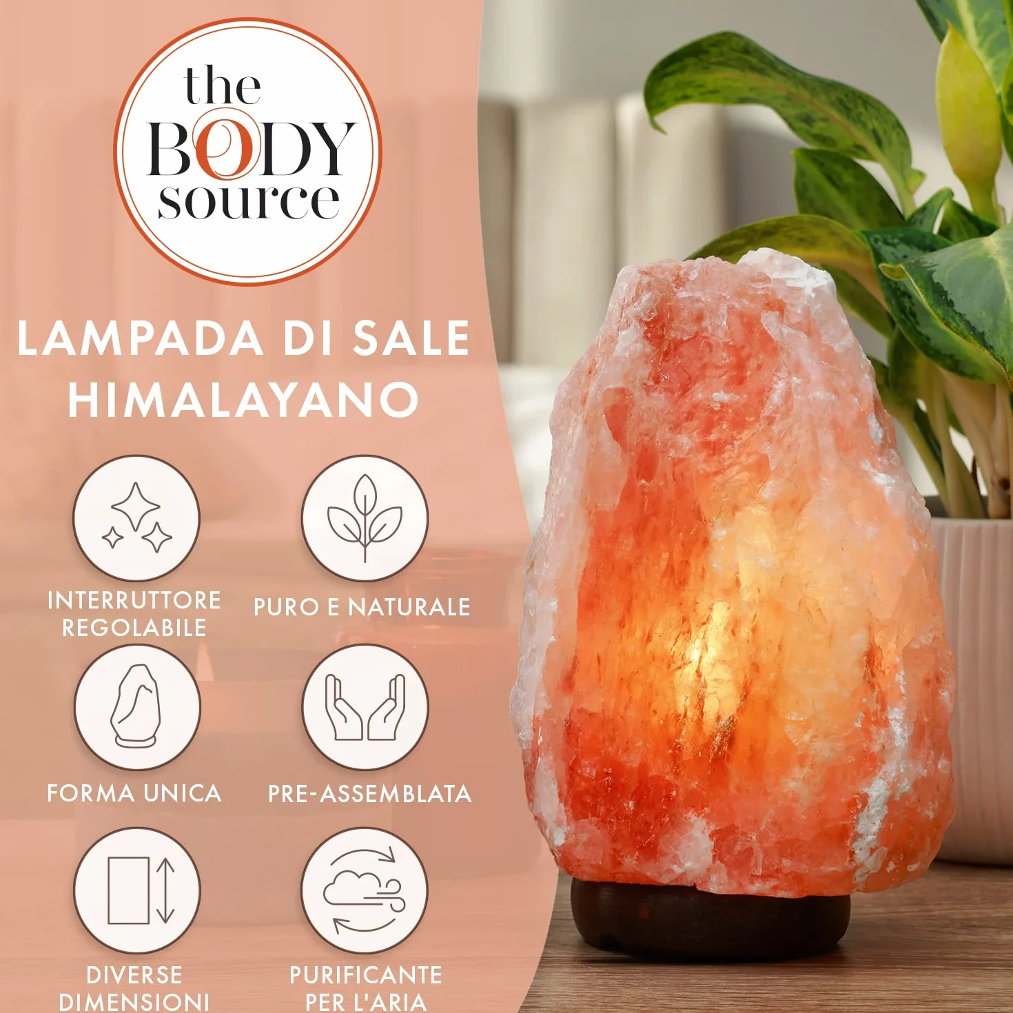 the body source Lampada di Sale Himalayano (3-5 kg) con Varialuce, Completamente Naturale e Realizzata a Mano con Base in Legno