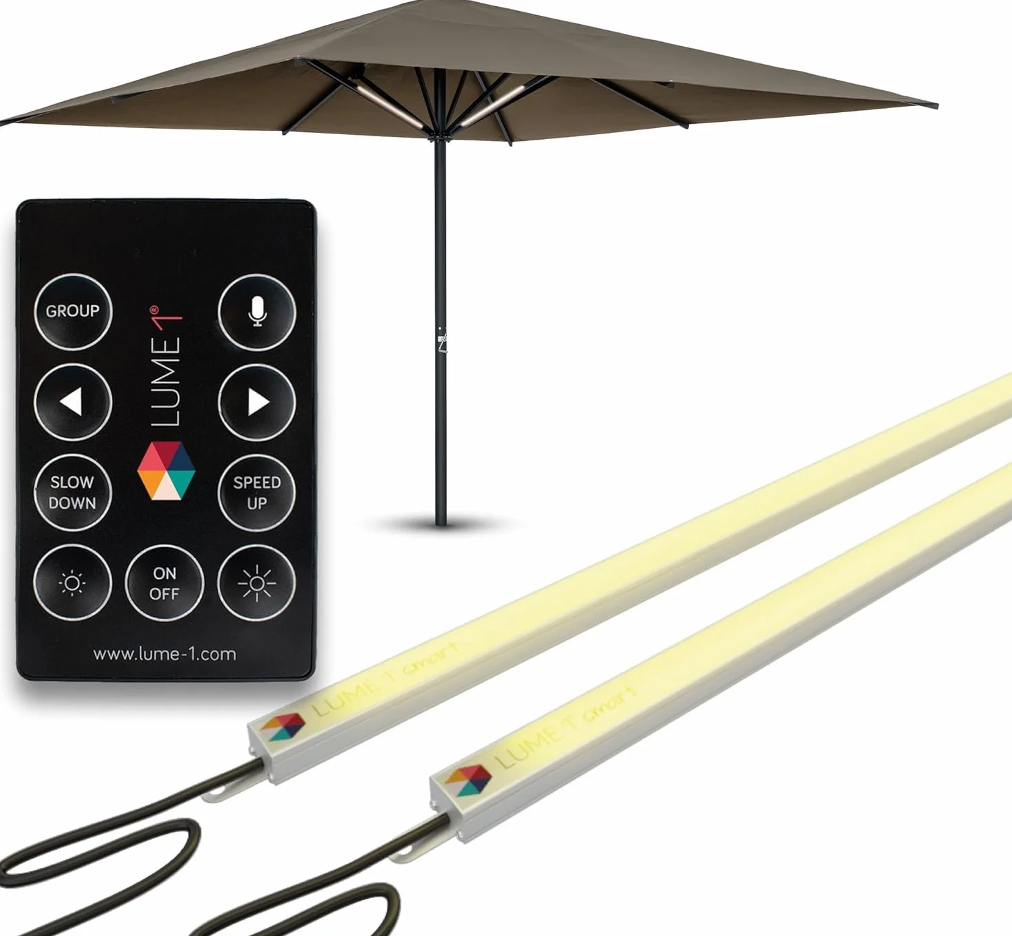 Lume1 - Illuminazione per ombrellone con telecomando, 2 strisce LED, luce bianca calda da 1000 lumen, 2700 Kelvin, illuminazione piacevole, batteria inclusa (Smart Set da 2 pezzi, modello 2026)