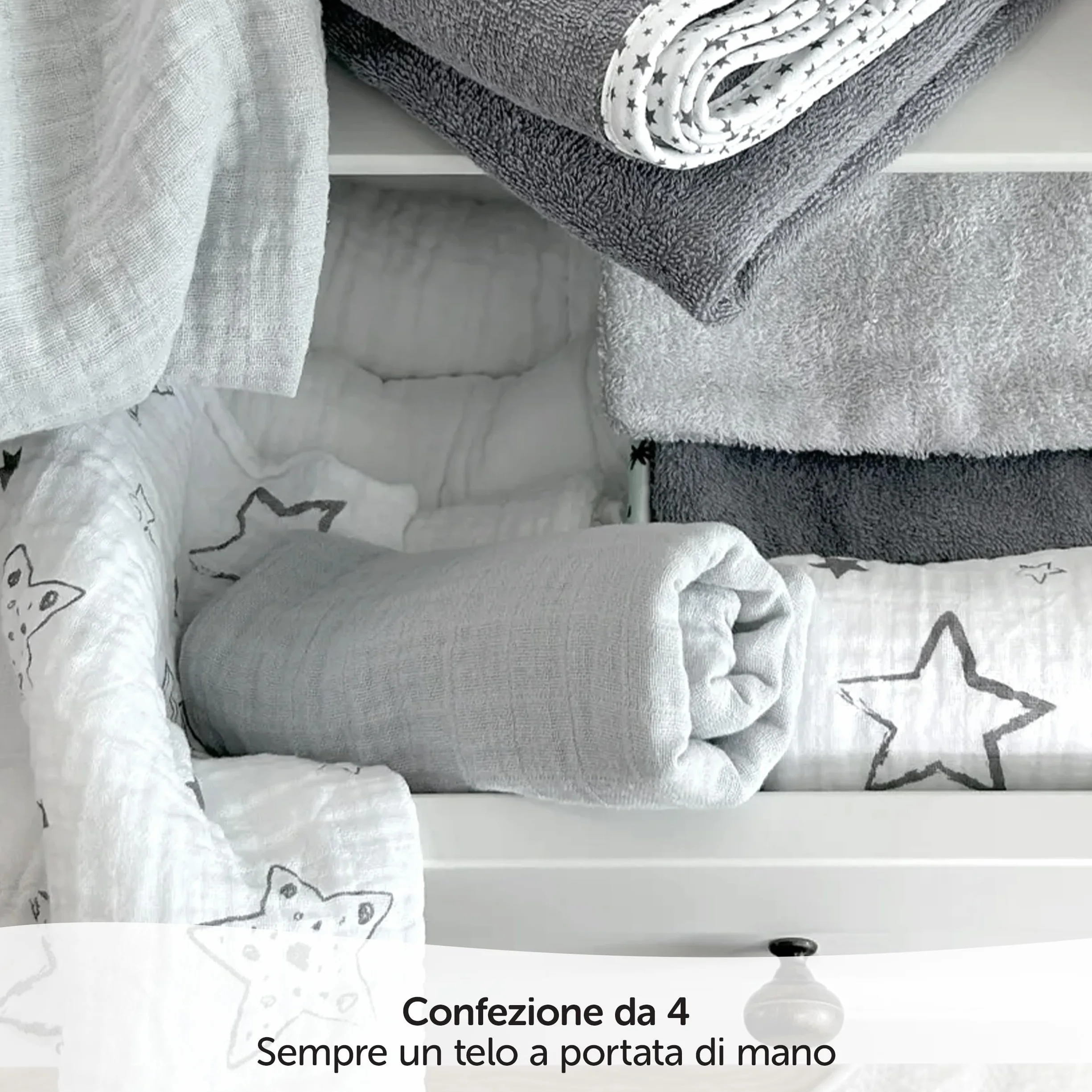 Teli Mussola Neonato 70x70 cm 4 Pezzi Oeko-Tex Standard 100 Stelle Grigio