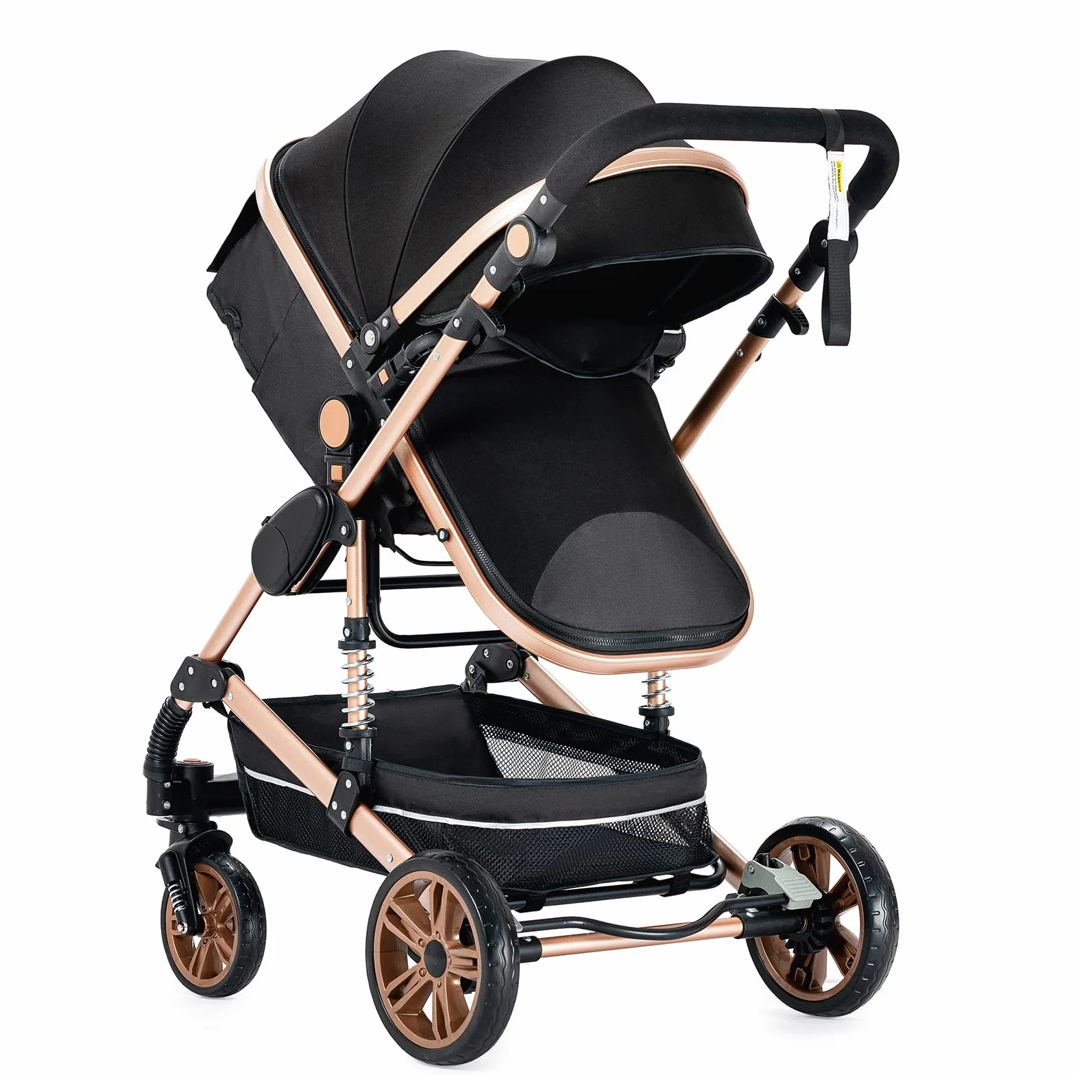 Passeggino 3 in 1 Triciclo Girello Passeggino Alto Paesaggio Pieghevole Carrozzina Bambini 0-36 Mesi Nero Oro