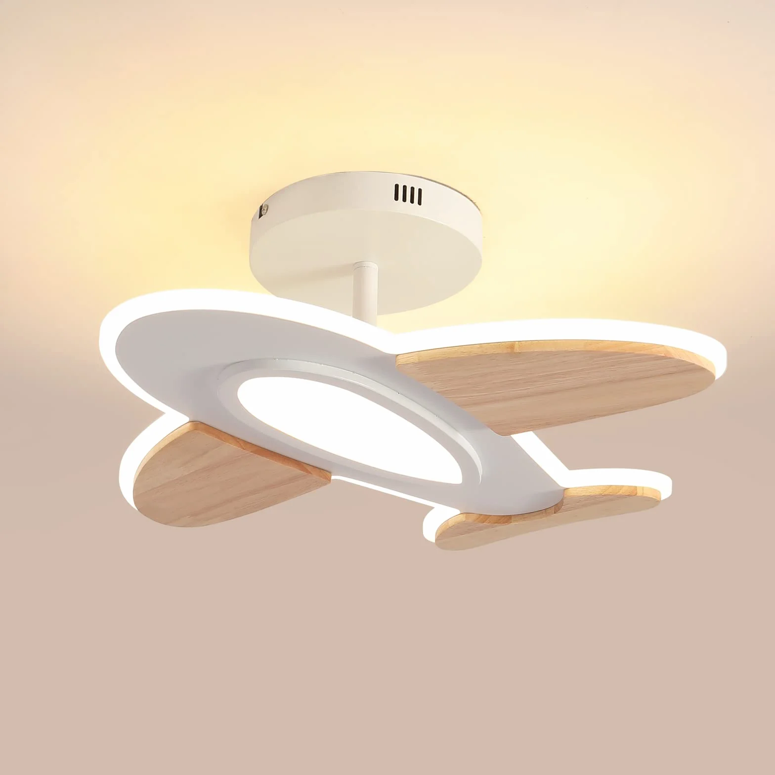 Lampada Da Soffitto A LED Da 35 W Per Pamera Dei Bambini, A Forma Di Aeroplano, Dimmerabile, Con Telecomando, 50 x 45 CM,2700-6500 K,Bianco E Legno Accessori Lampada Da Soffitto