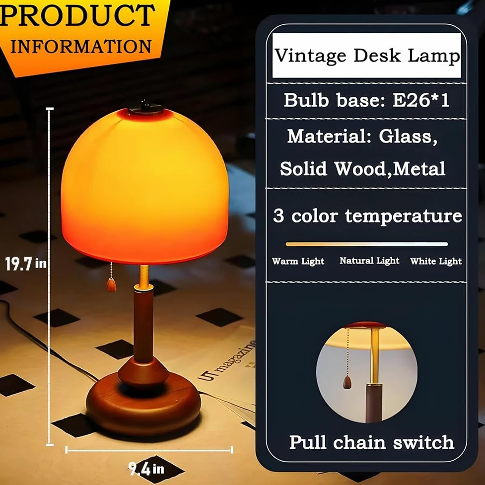 Lampada da Tavolo Fungo Arancione Dimmerabile con Telecomando, Paralume in Legno e Vetro Lampadina Fungo con Spina e Interruttore a Cavo Lampada da Comodino Decorativa a Forma di Fungo