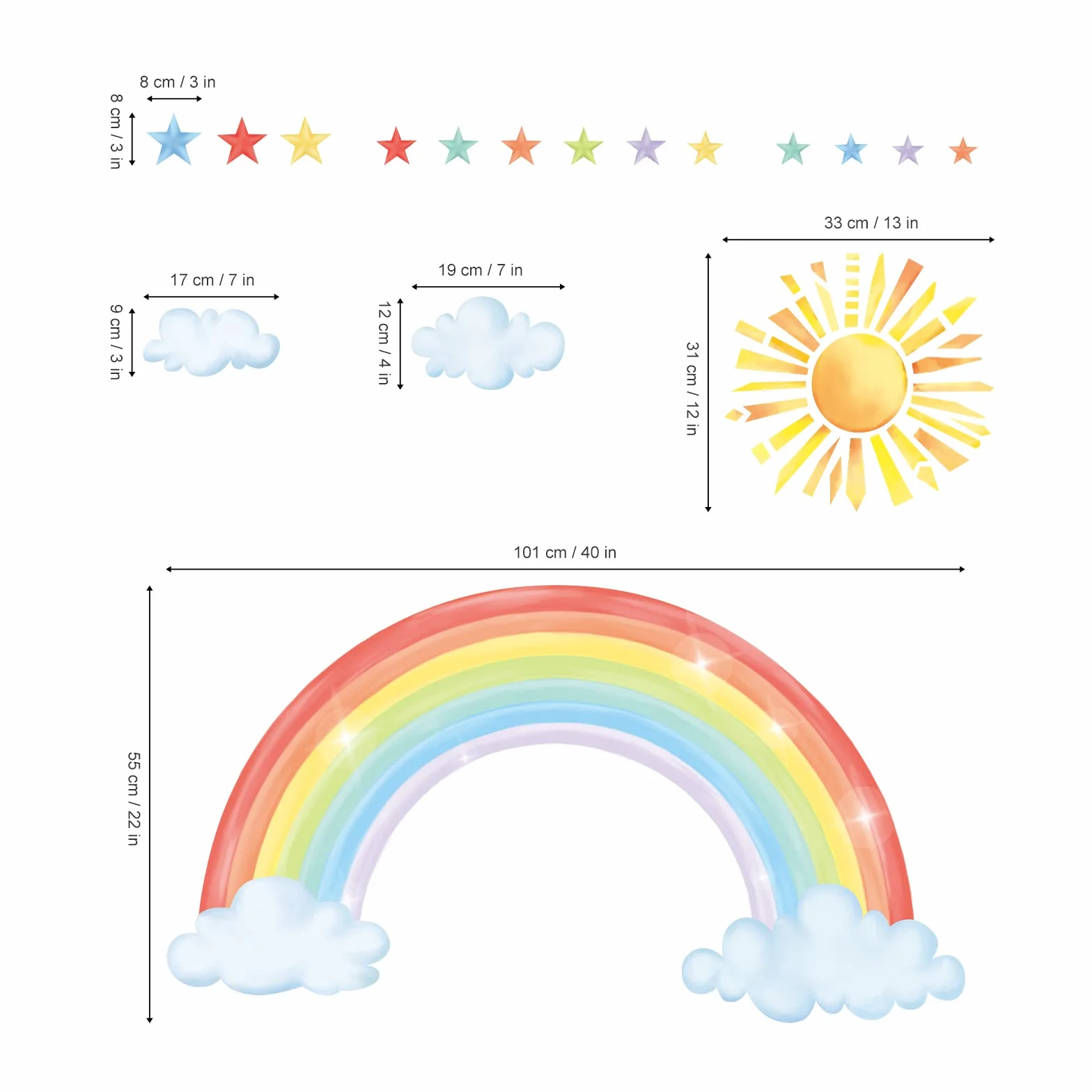 Decalmile Adesivi Murali Arcobaleno Grande Adesivi da Parete Sole Nube Stella Decorazione Murale