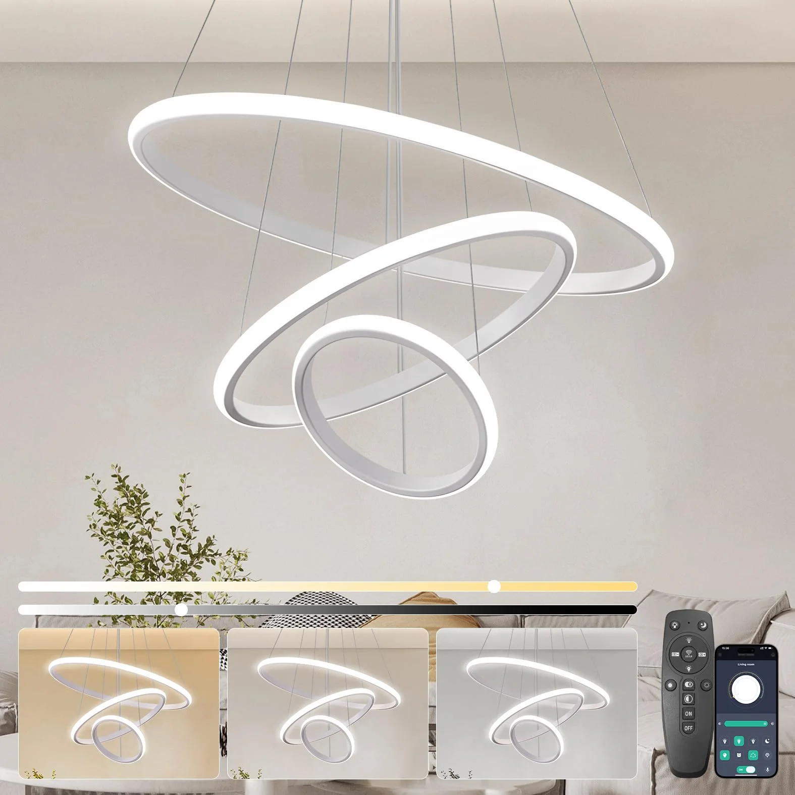 KSIBNW Lampadario Camera A Sospensione LED, Moderna Lampadario Soggiorno Dimmerabili 2700K-6500K Lampada A Sospensione con Telecomando & Controllo APP 3 Squillare Bianco Appendere Luci Regolabile