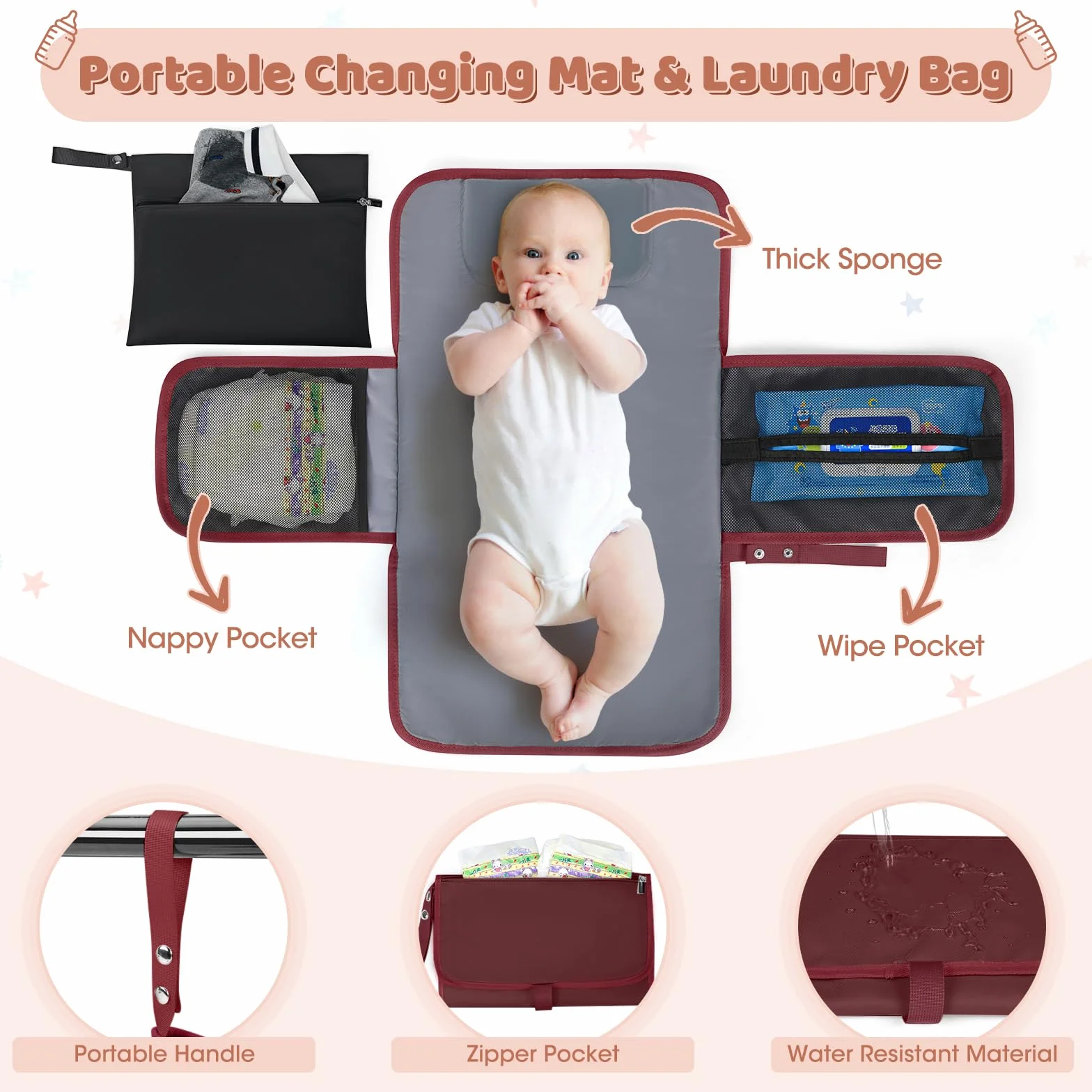 RAINSMORE Zaino Mamma Impermeabile Multifunzione Fasciatoio Grande Capacità Borsa Neonato con Ganci per Passeggino Rosso